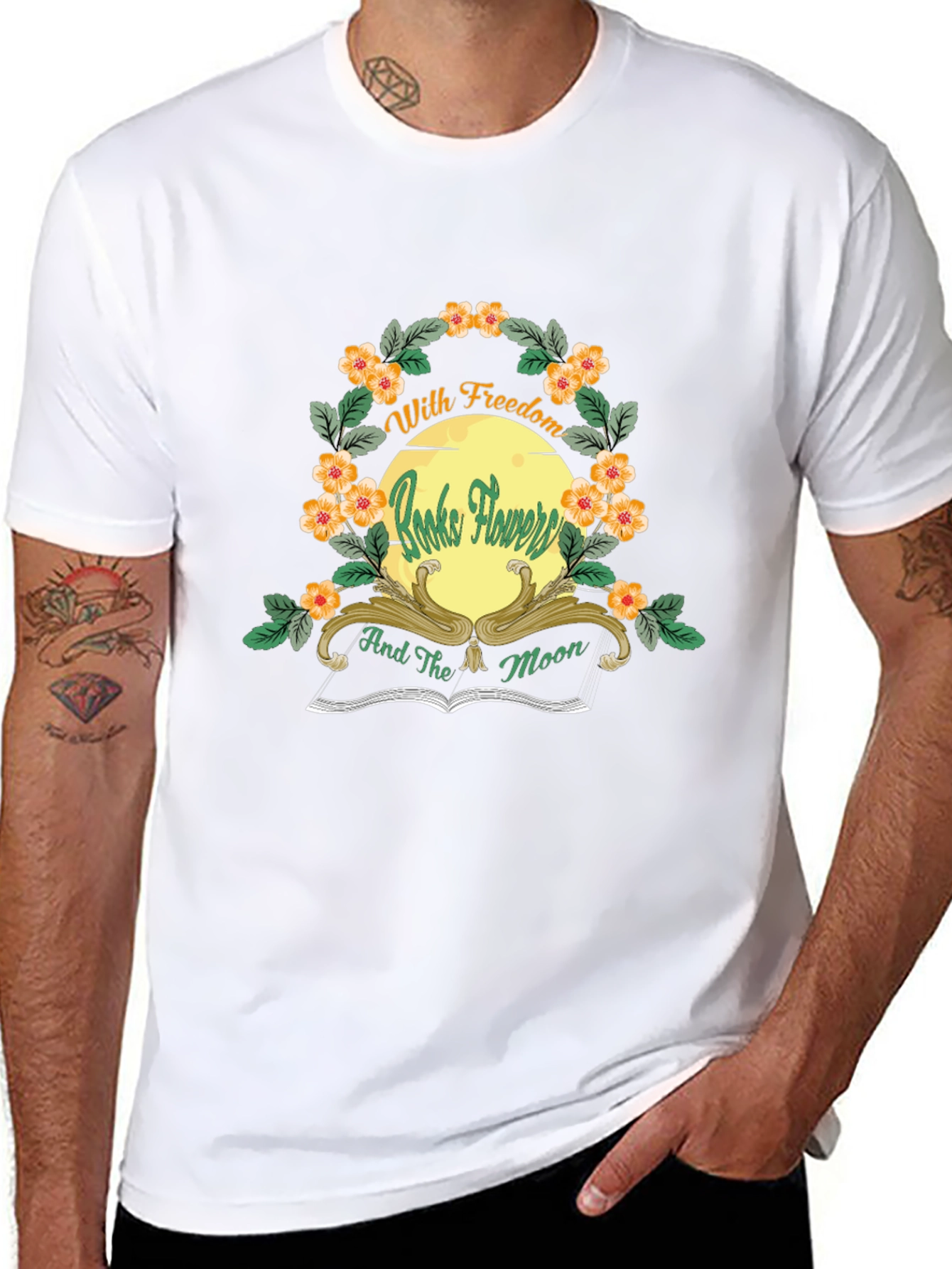 With Freedom Books Flowers and the Moon Black T-Shirt