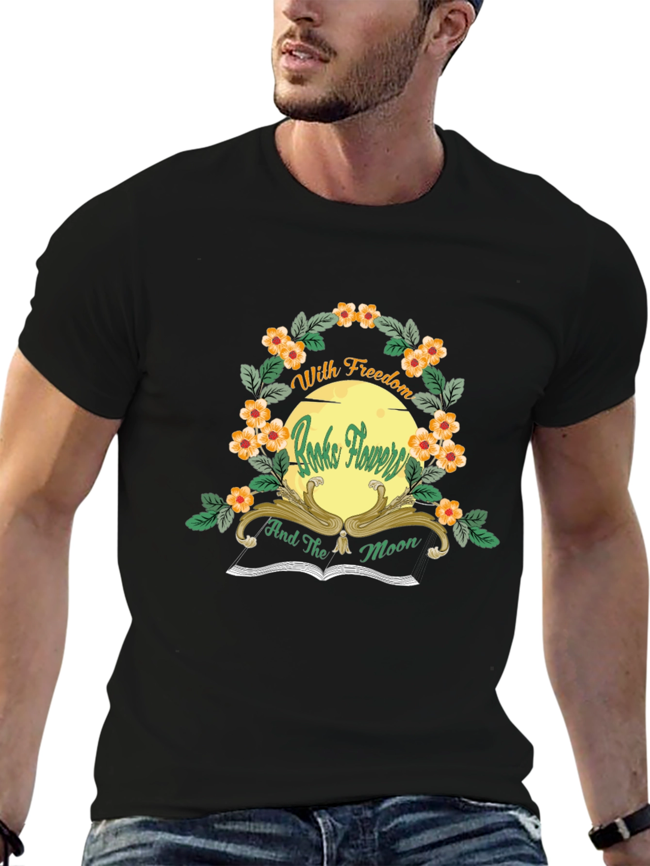 With Freedom Books Flowers and the Moon Black T-Shirt