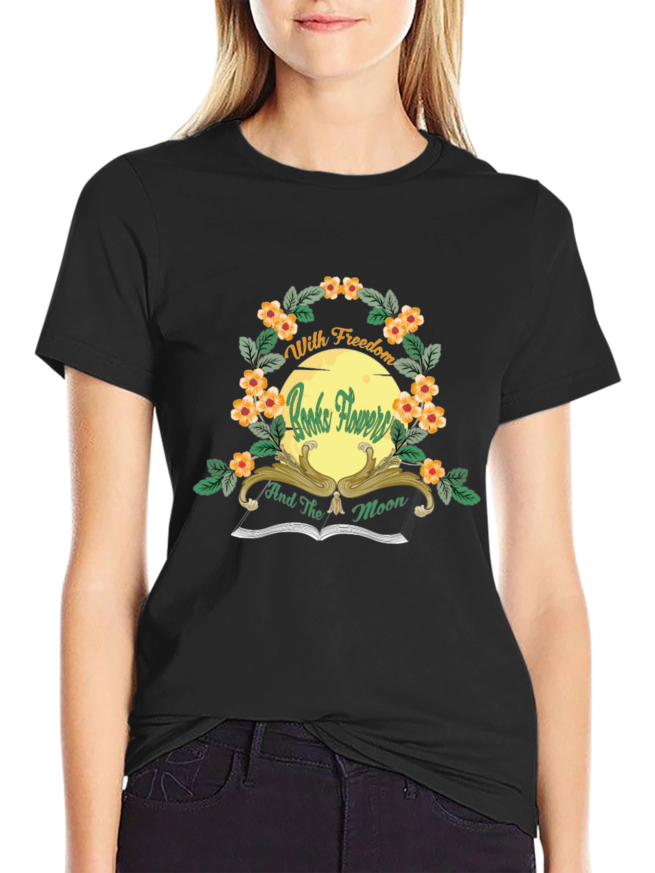 With Freedom Books Flowers and the Moon Black T-Shirt