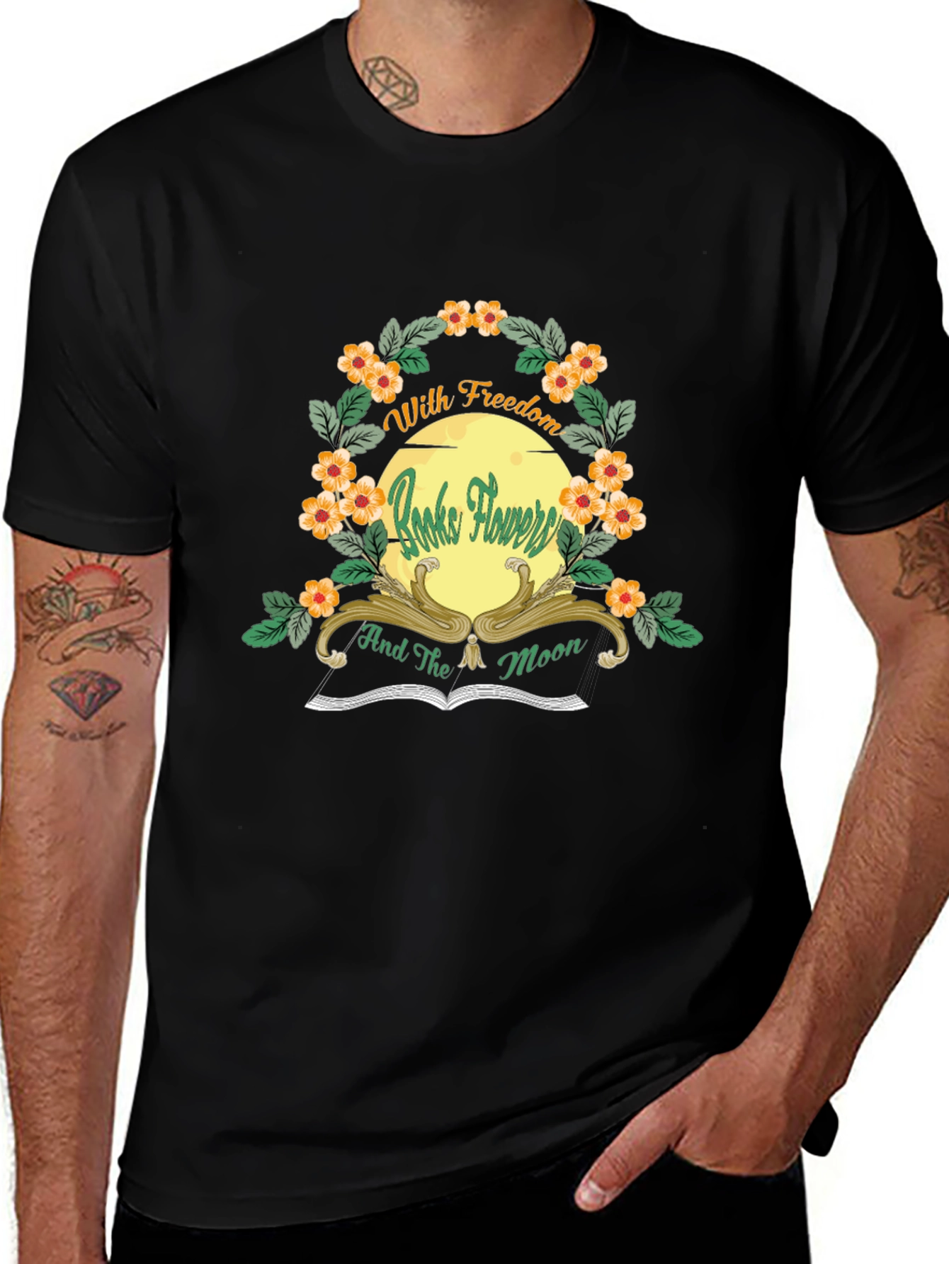 With Freedom Books Flowers and the Moon Black T-Shirt