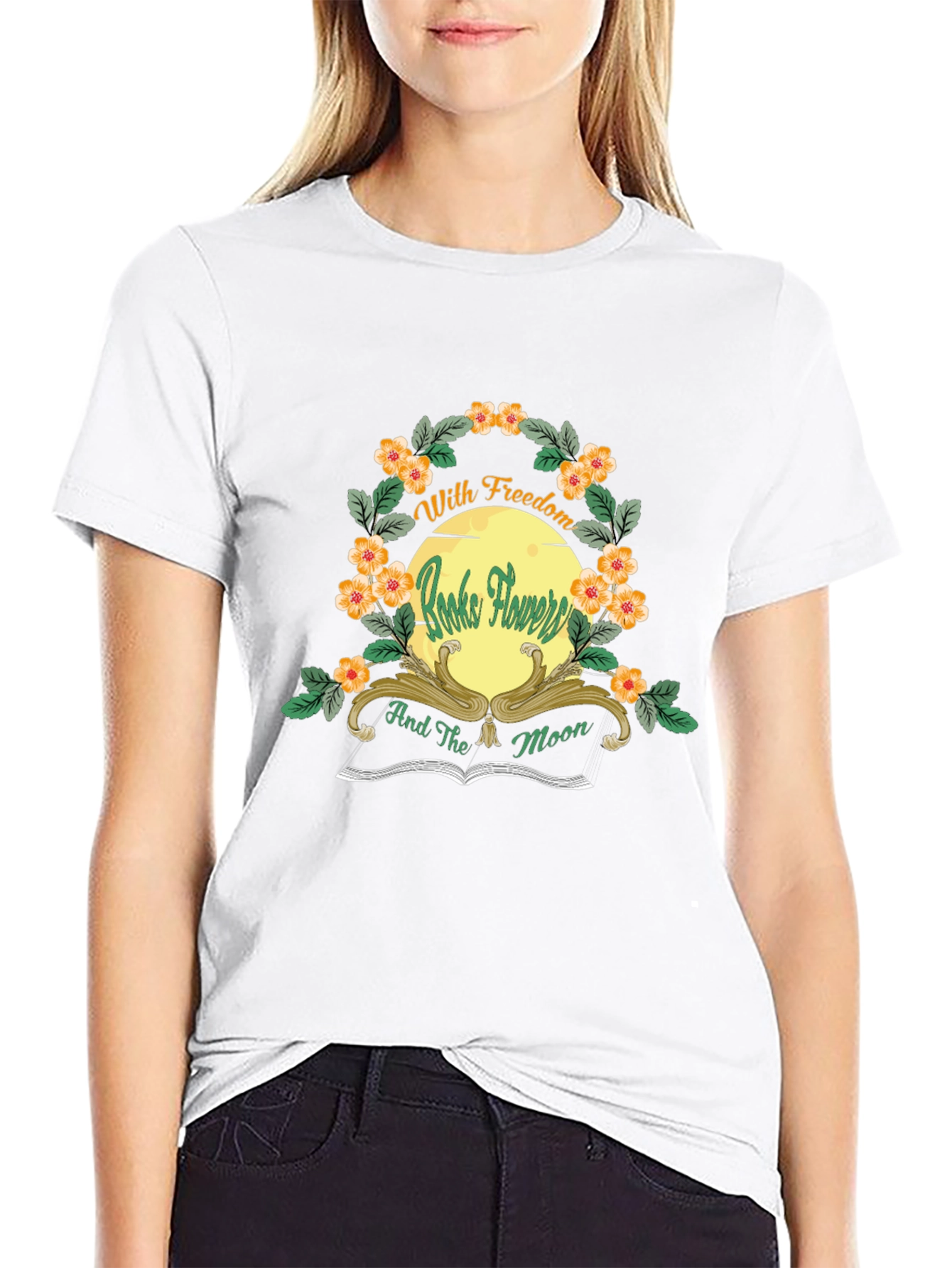 With Freedom Books Flowers and the Moon Black T-Shirt