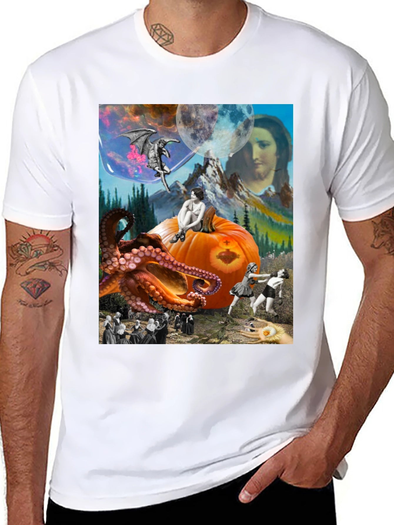 Surrealist Graphic T-Shirt - Octopus Pumpkin Boxing