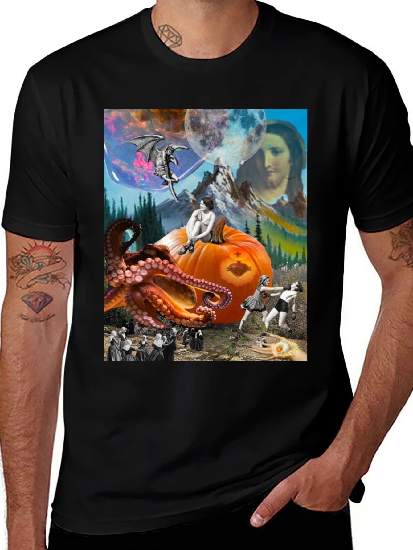 Surrealist Graphic T-Shirt - Octopus Pumpkin Boxing