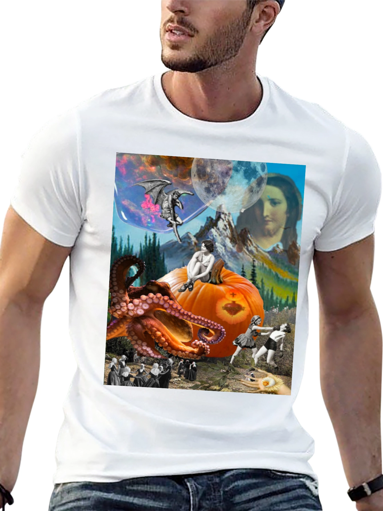 Surrealist Graphic T-Shirt - Octopus Pumpkin Boxing
