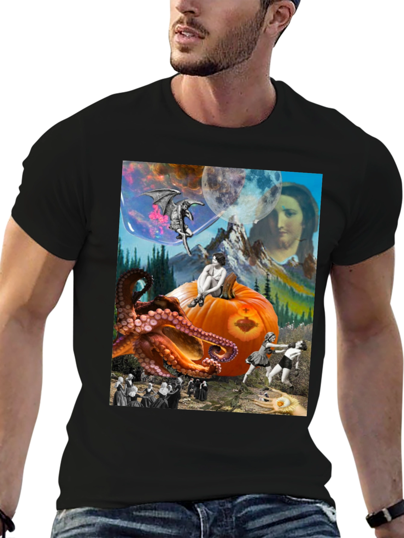 Surrealist Graphic T-Shirt - Octopus Pumpkin Boxing