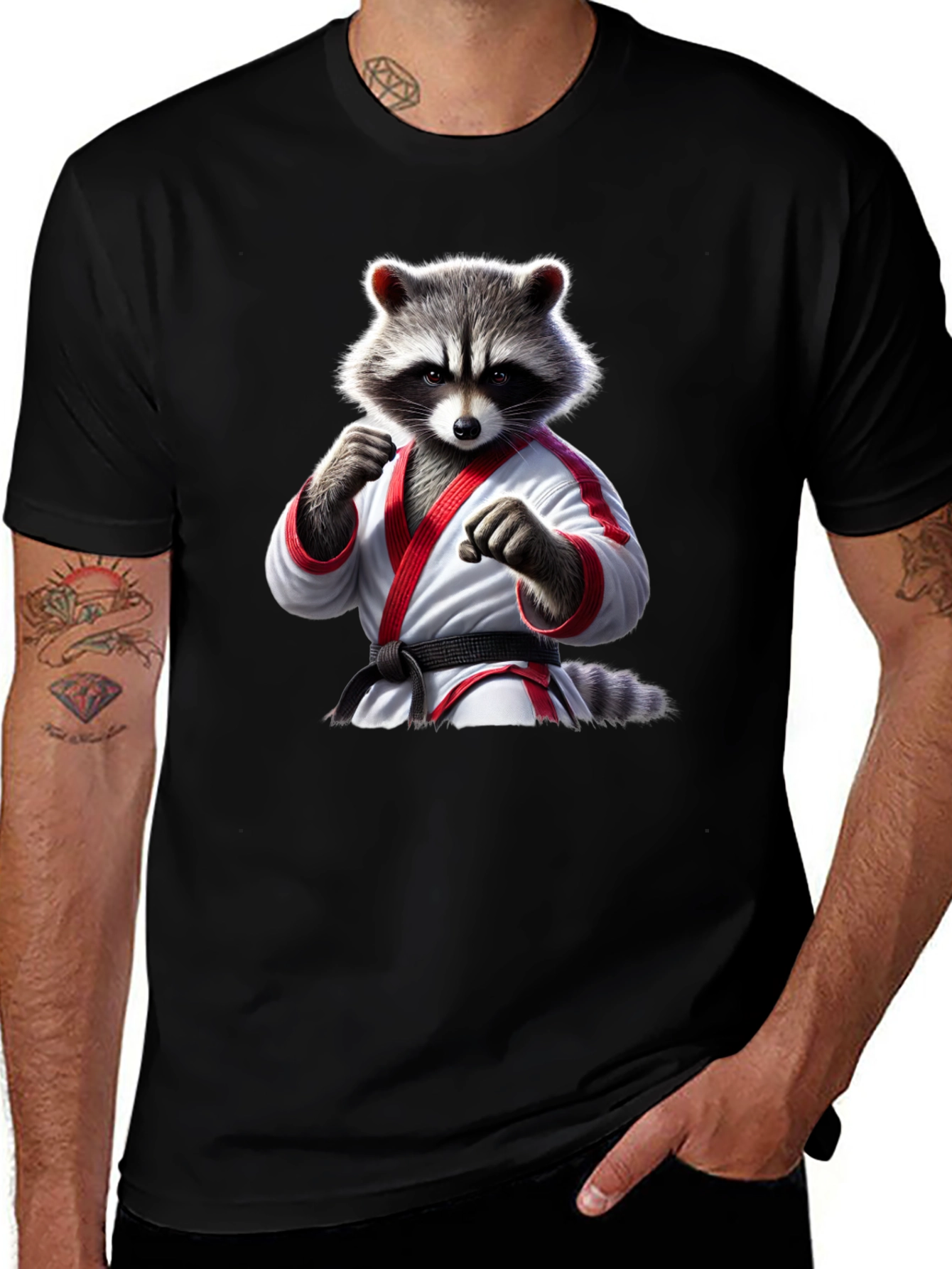 Karate Raccoon Graphic T-Shirt - Black Cotton Tee