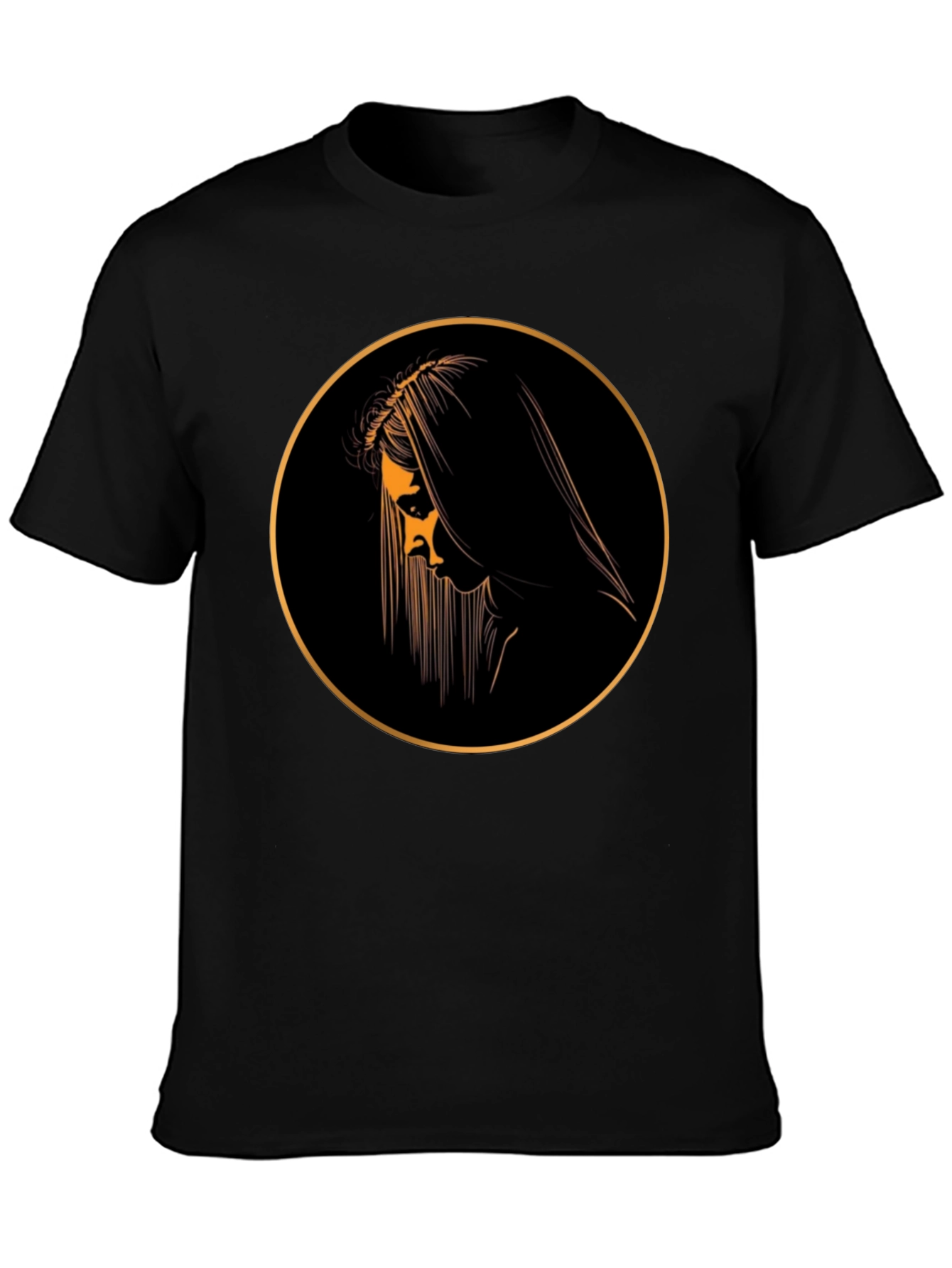 Black Graphic Tee with Mystical Woman Circle Design