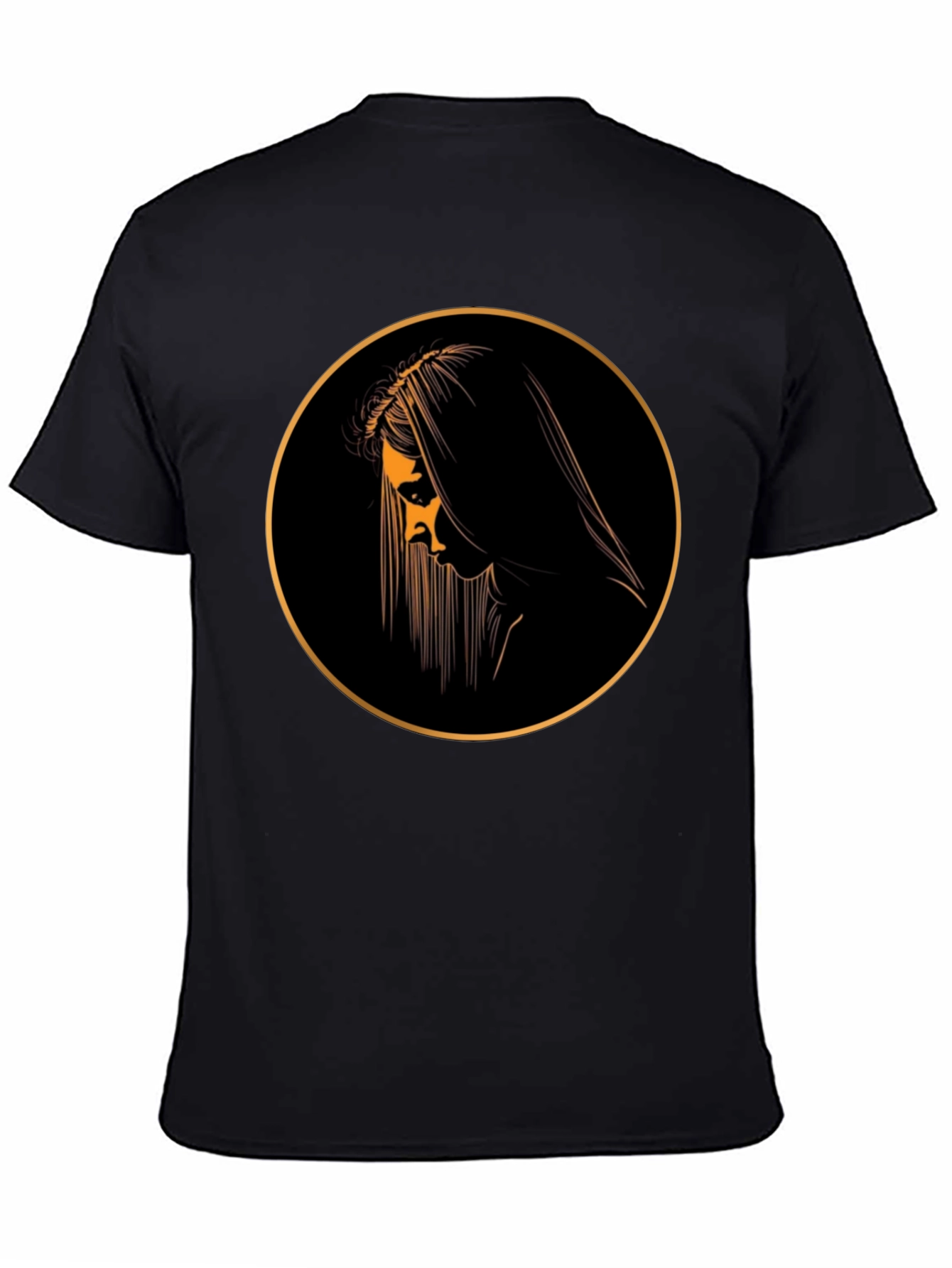 Black Graphic Tee with Mystical Woman Circle Design