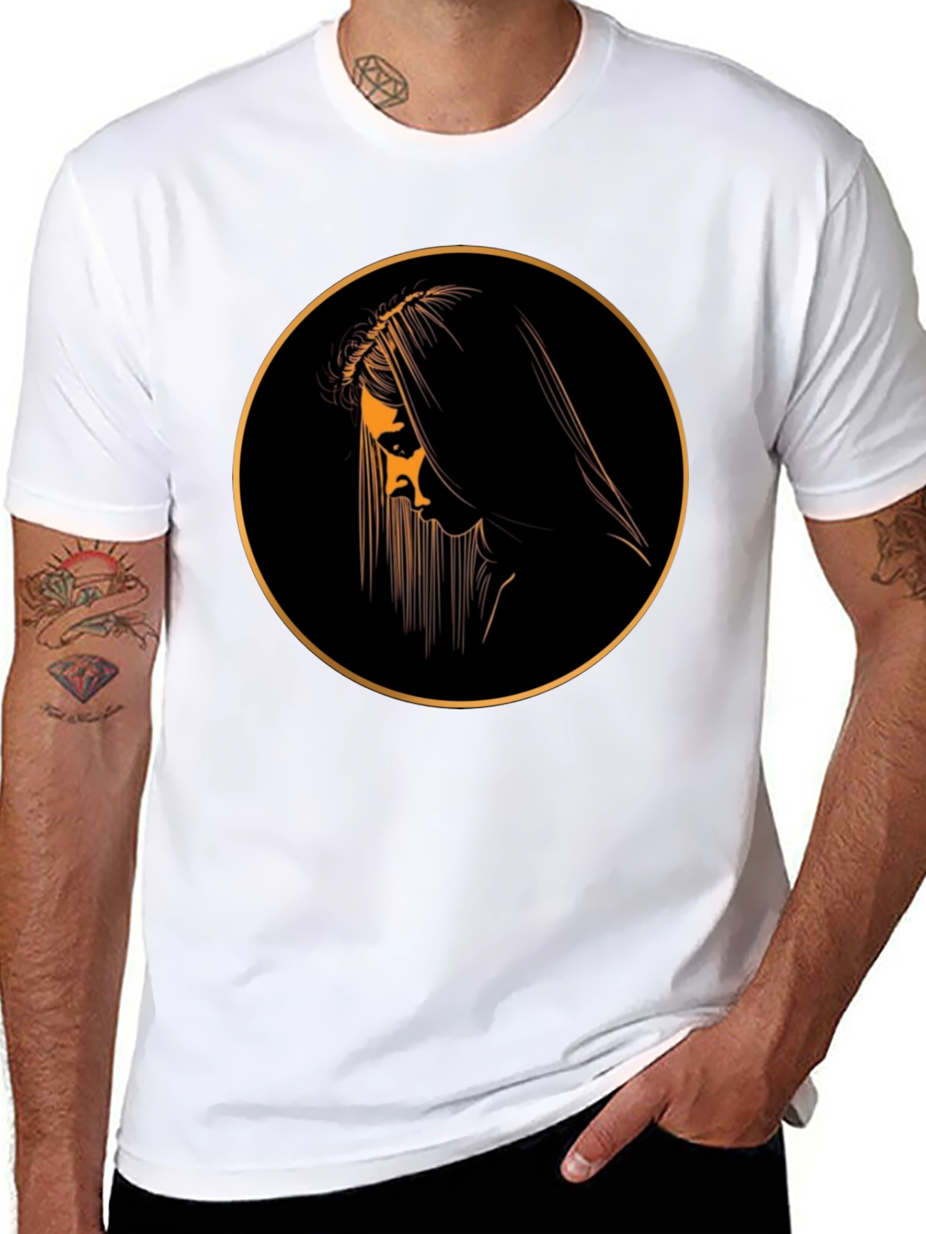Black Graphic Tee with Mystical Woman Circle Design
