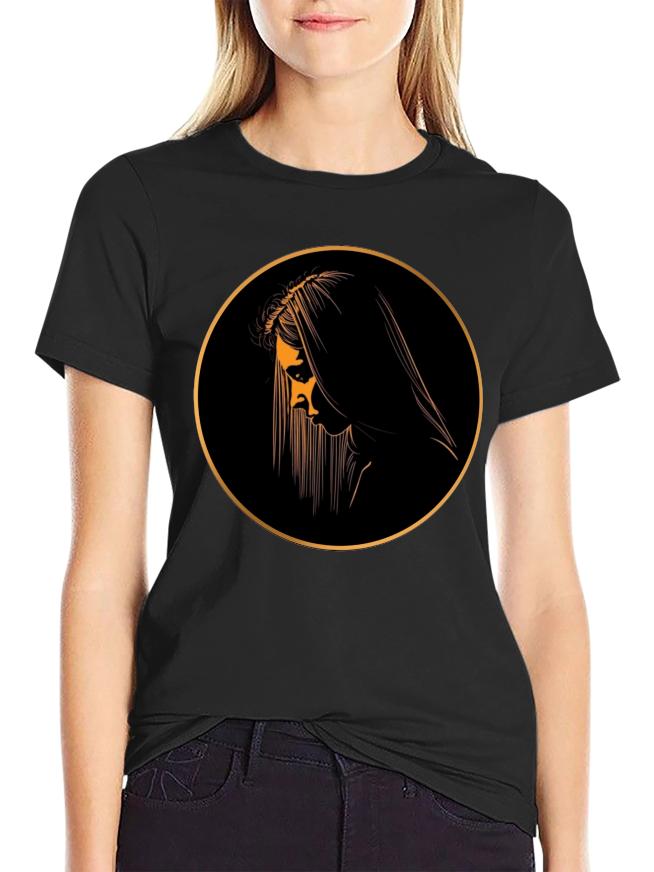 Black Graphic Tee with Mystical Woman Circle Design