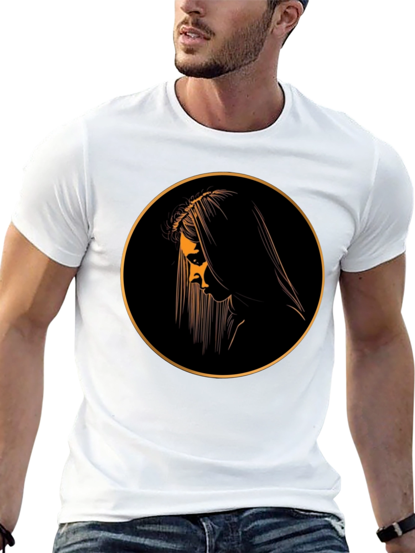 Black Graphic Tee with Mystical Woman Circle Design