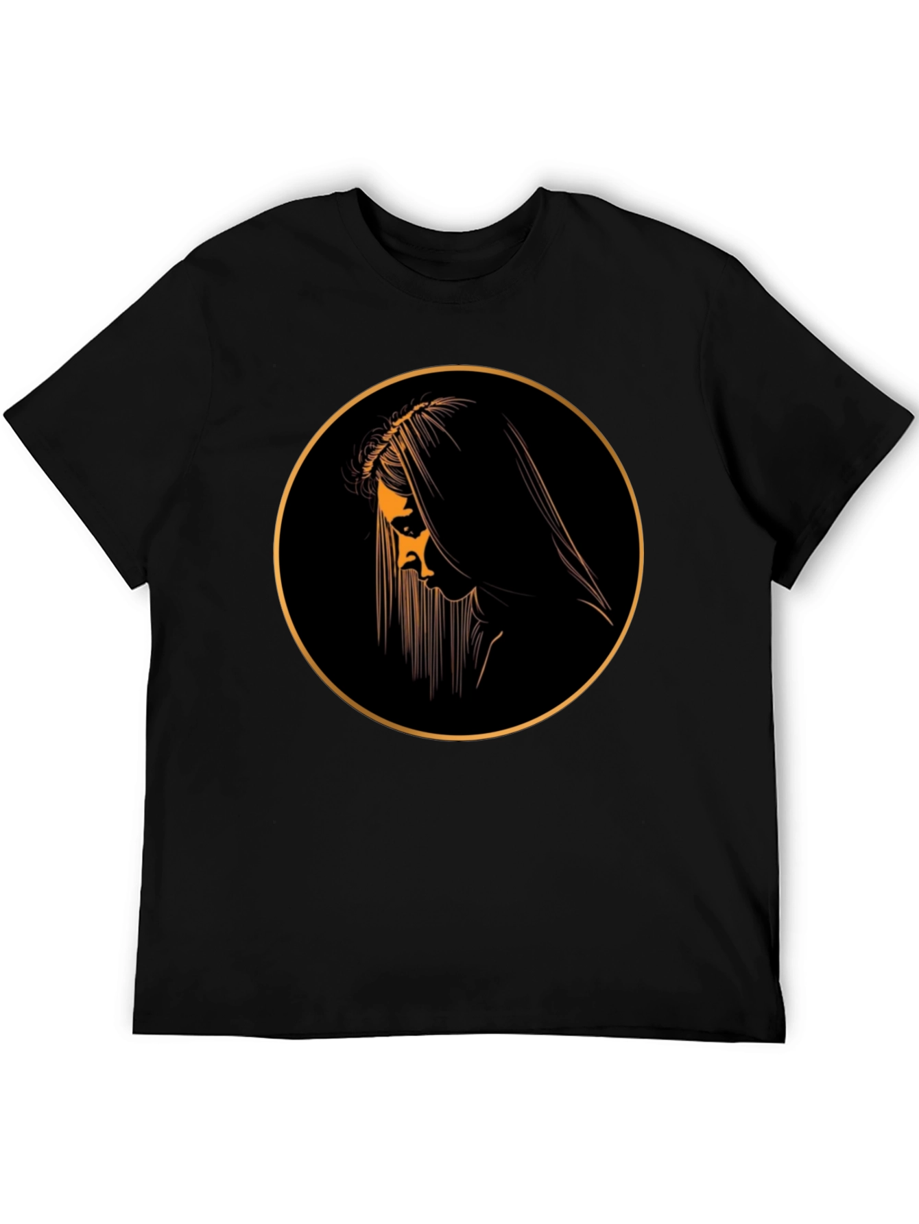 Black Graphic Tee with Mystical Woman Circle Design