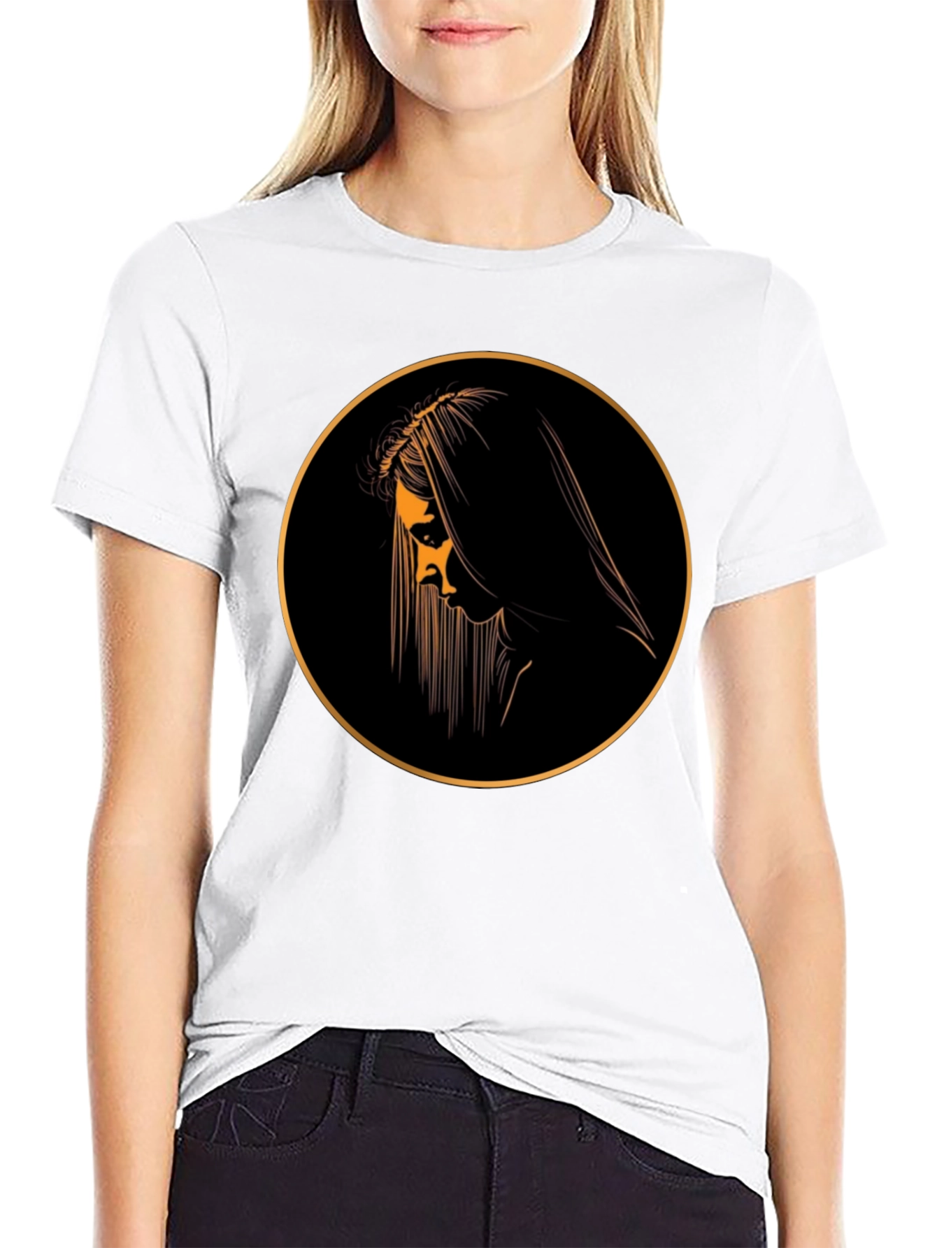 Black Graphic Tee with Mystical Woman Circle Design