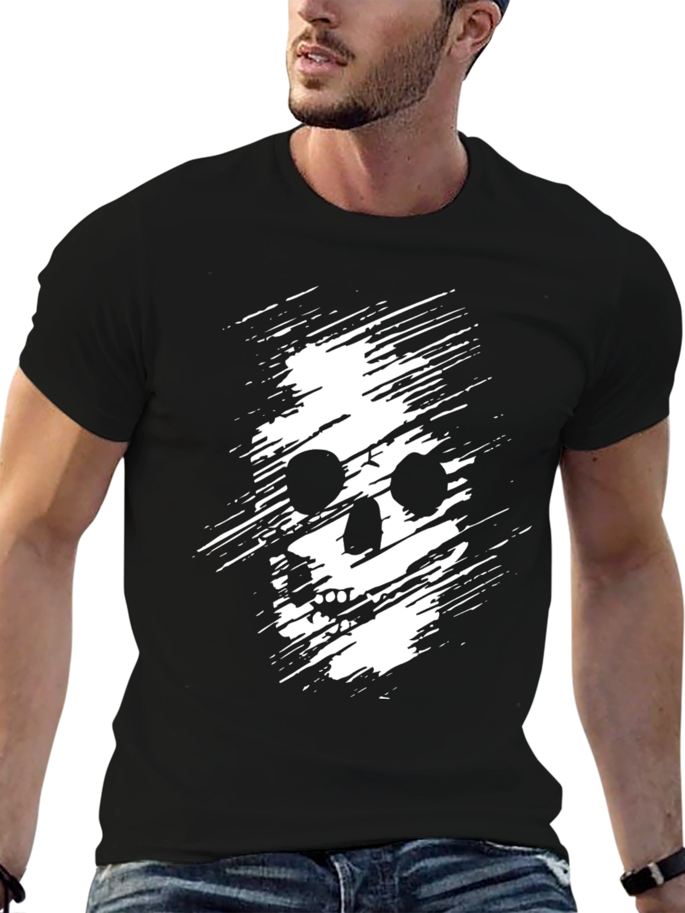 Mens Black T-Shirt with Distressed Skull Graphic