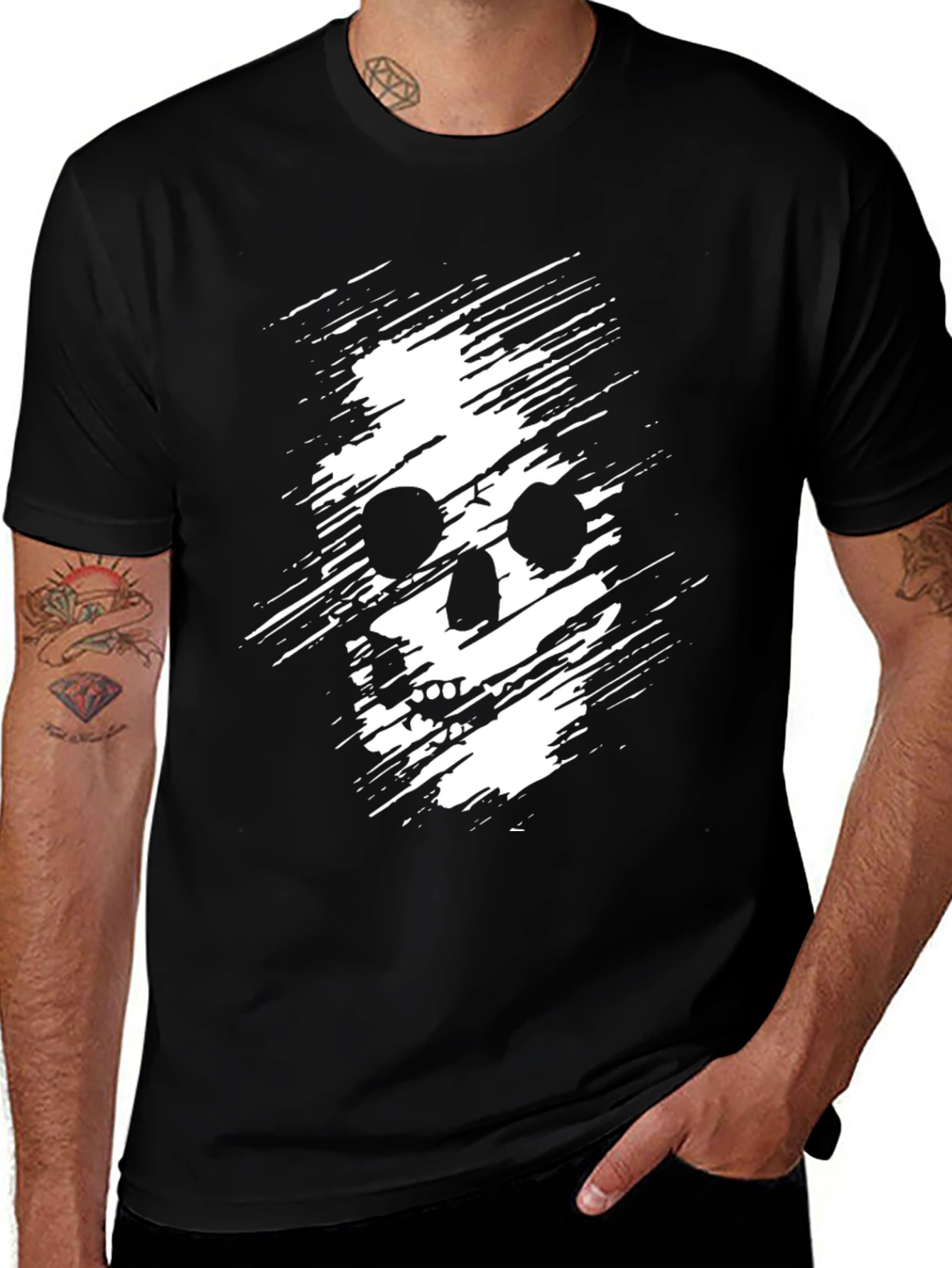 Mens Black T-Shirt with Distressed Skull Graphic