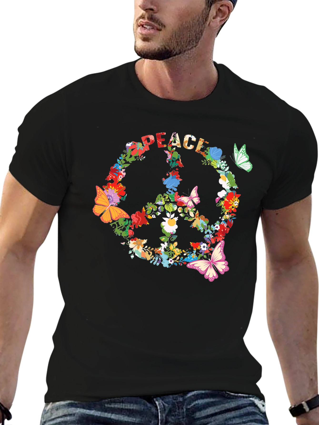 Peace Sign Floral Butterfly T-Shirt