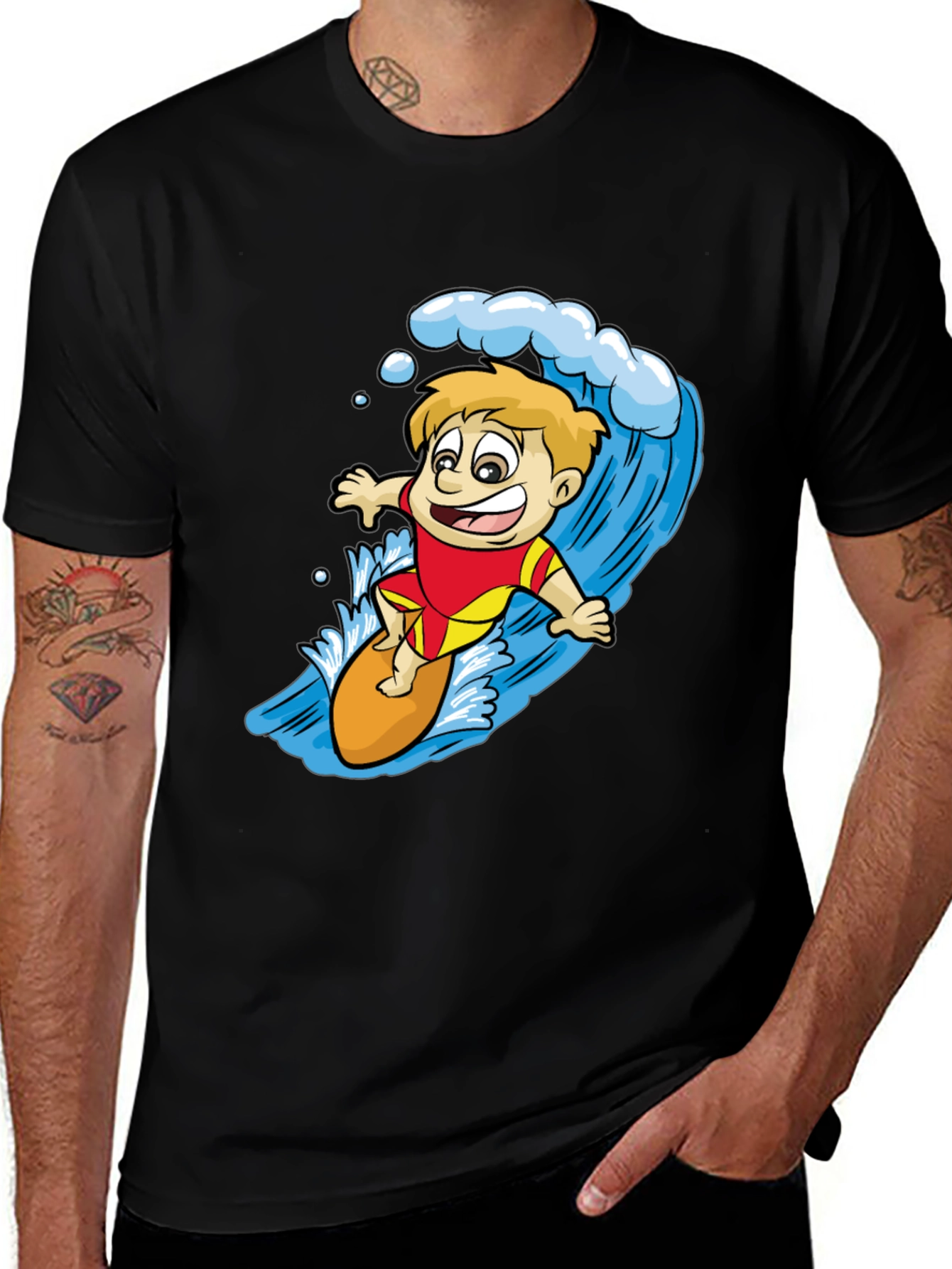 Surfer Boy Graphic Tee - Black Cotton Shirt