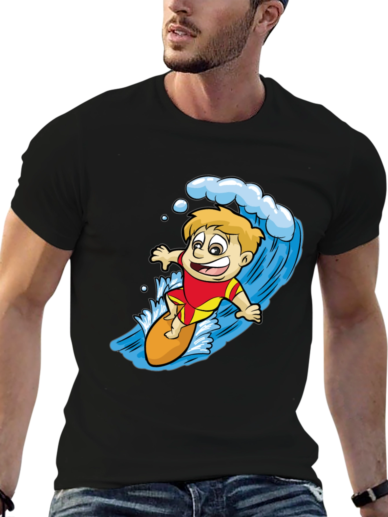 Surfer Boy Graphic Tee - Black Cotton Shirt