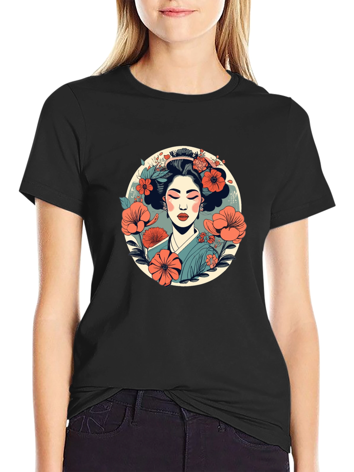 Geisha Flower Graphic Tee - Stylish Japanese Art T-Shirt