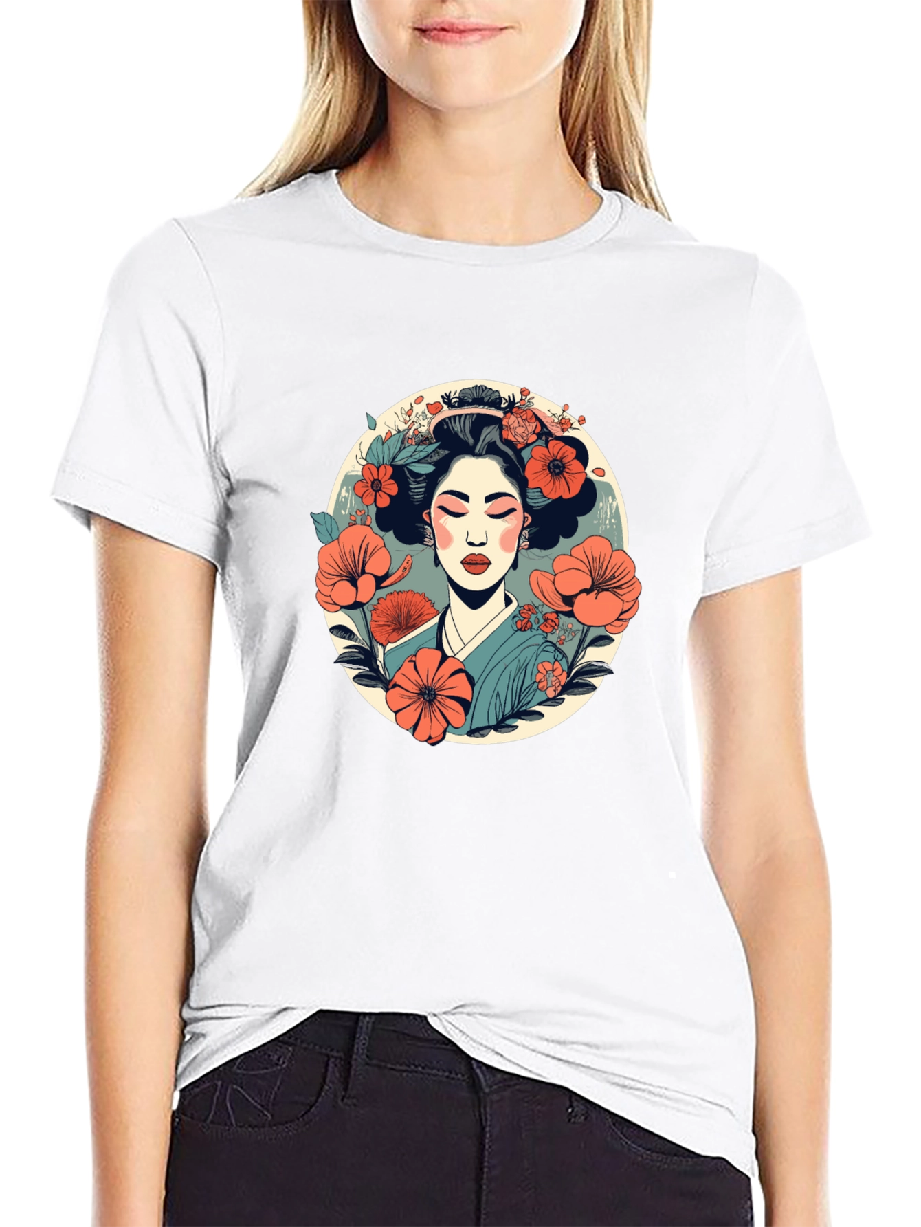 Geisha Flower Graphic Tee - Stylish Japanese Art T-Shirt