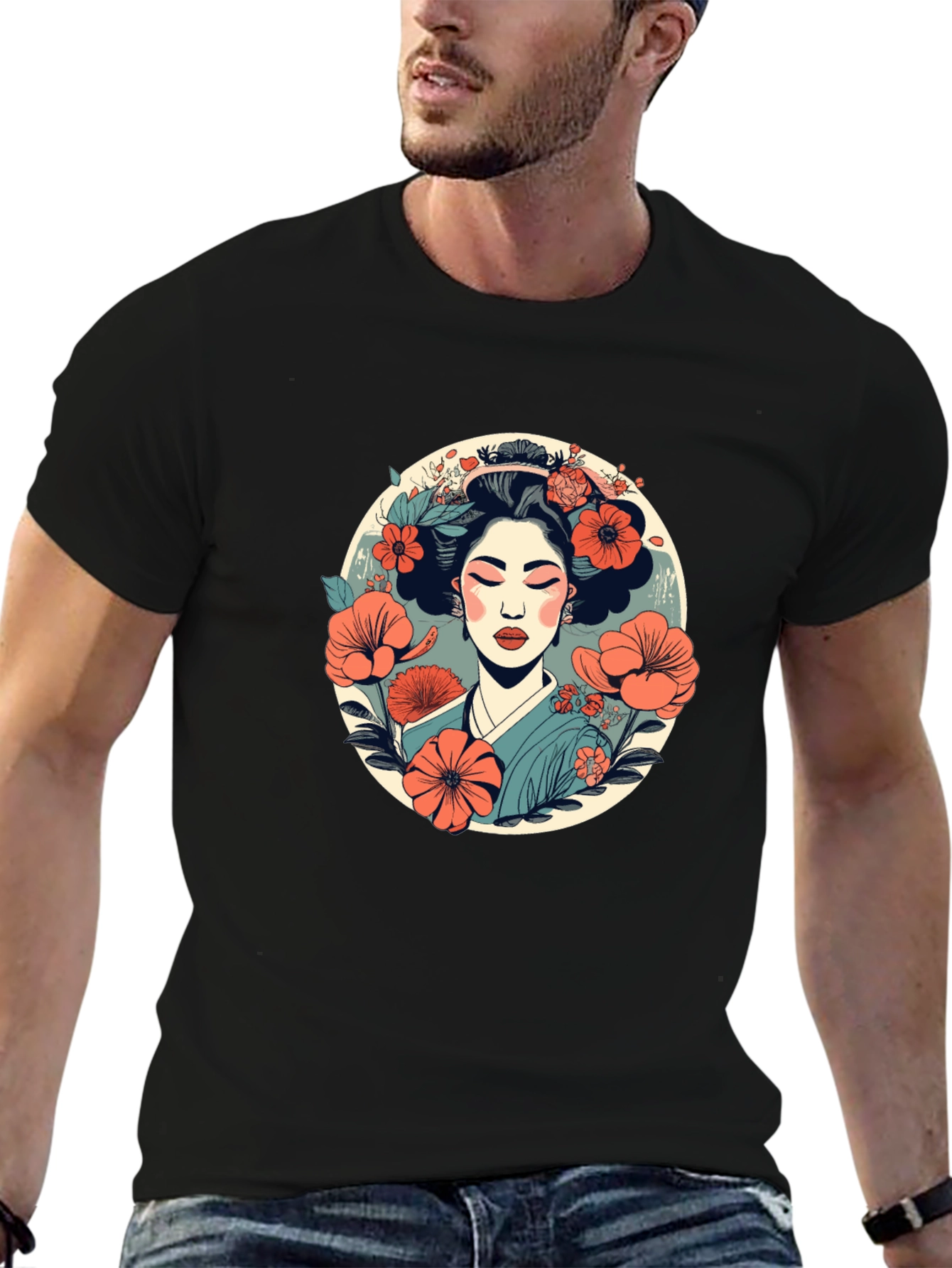 Geisha Flower Graphic Tee - Stylish Japanese Art T-Shirt