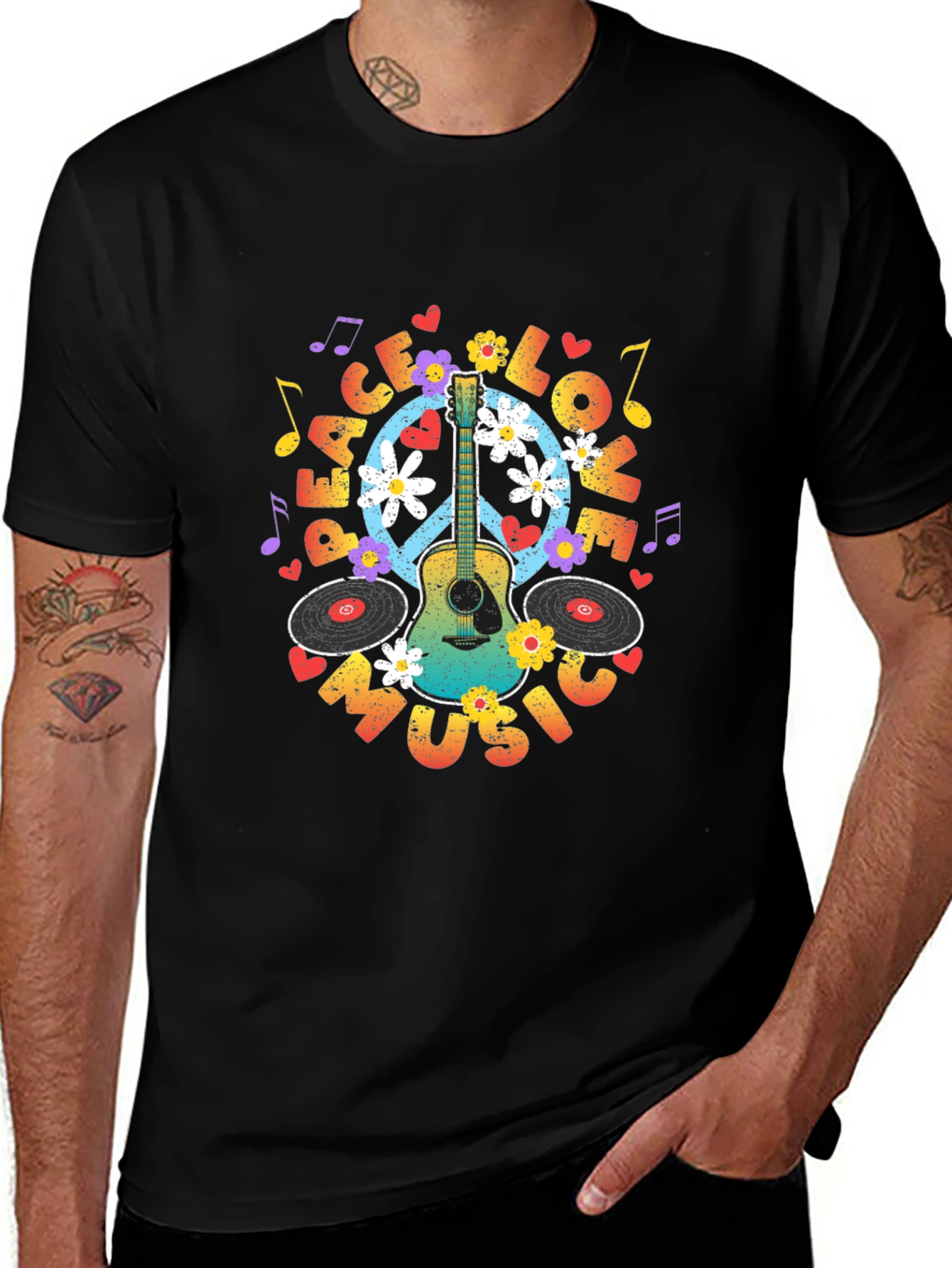 Peace Love Music Guitar T-Shirt - Hippie Vibes