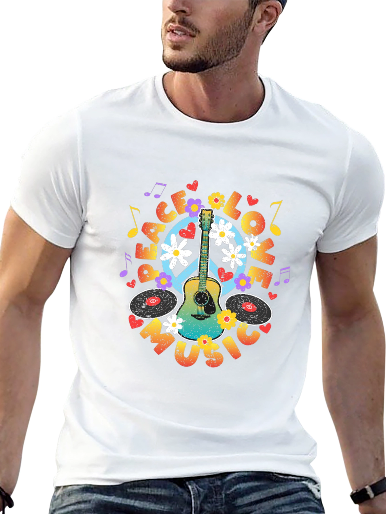 Peace Love Music Guitar T-Shirt - Hippie Vibes