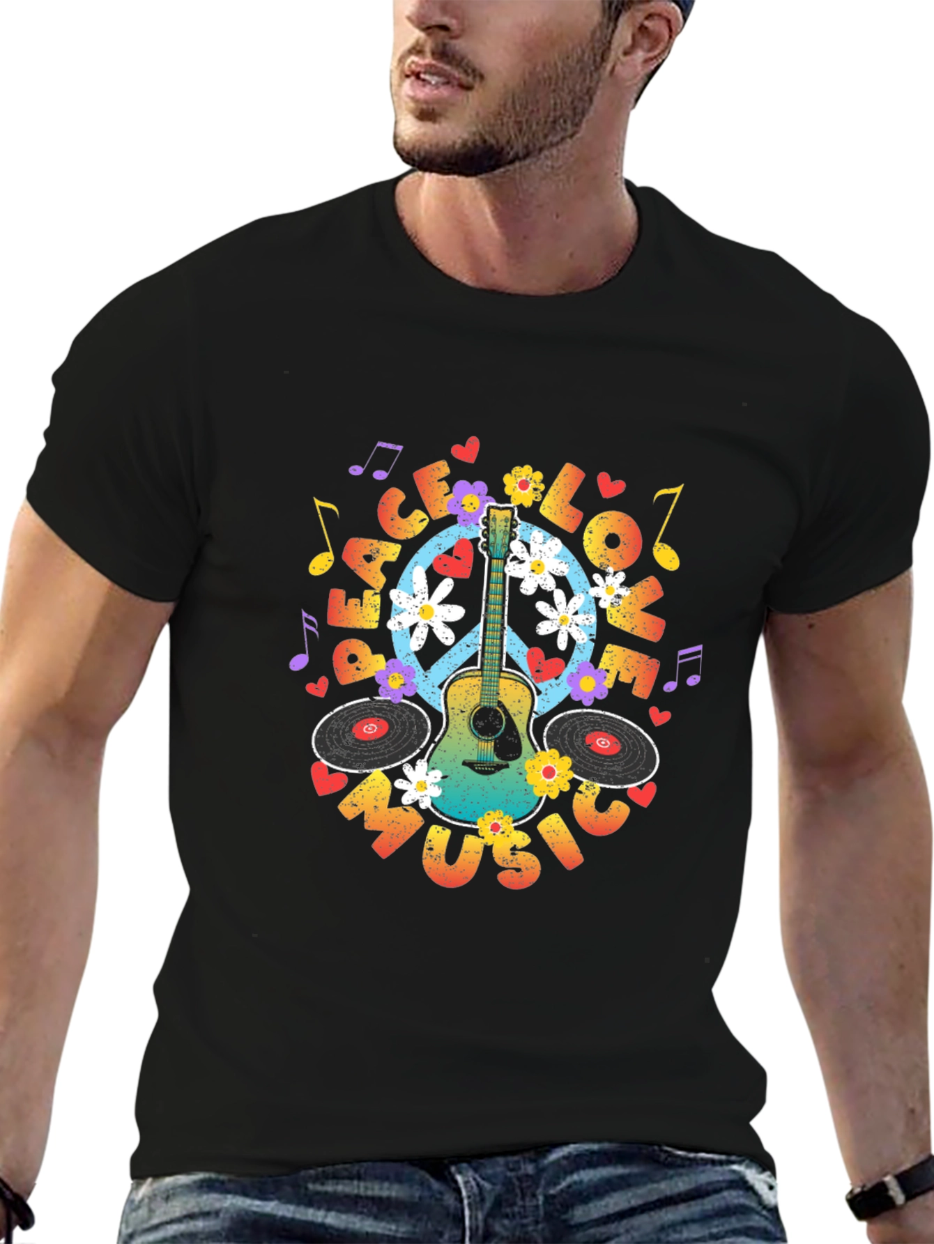 Peace Love Music Guitar T-Shirt - Hippie Vibes