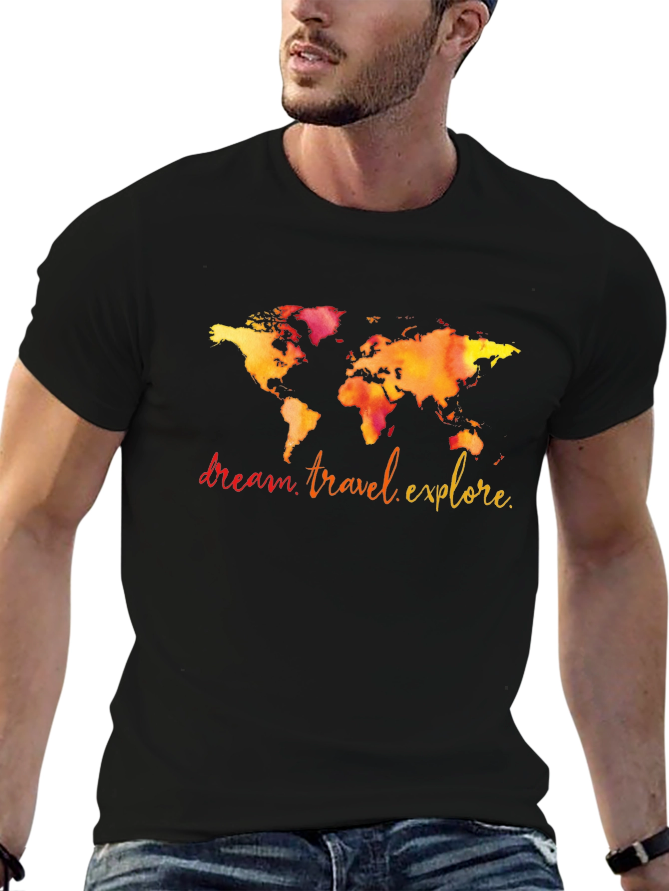 Travel World Map Graphic T-Shirt - Black