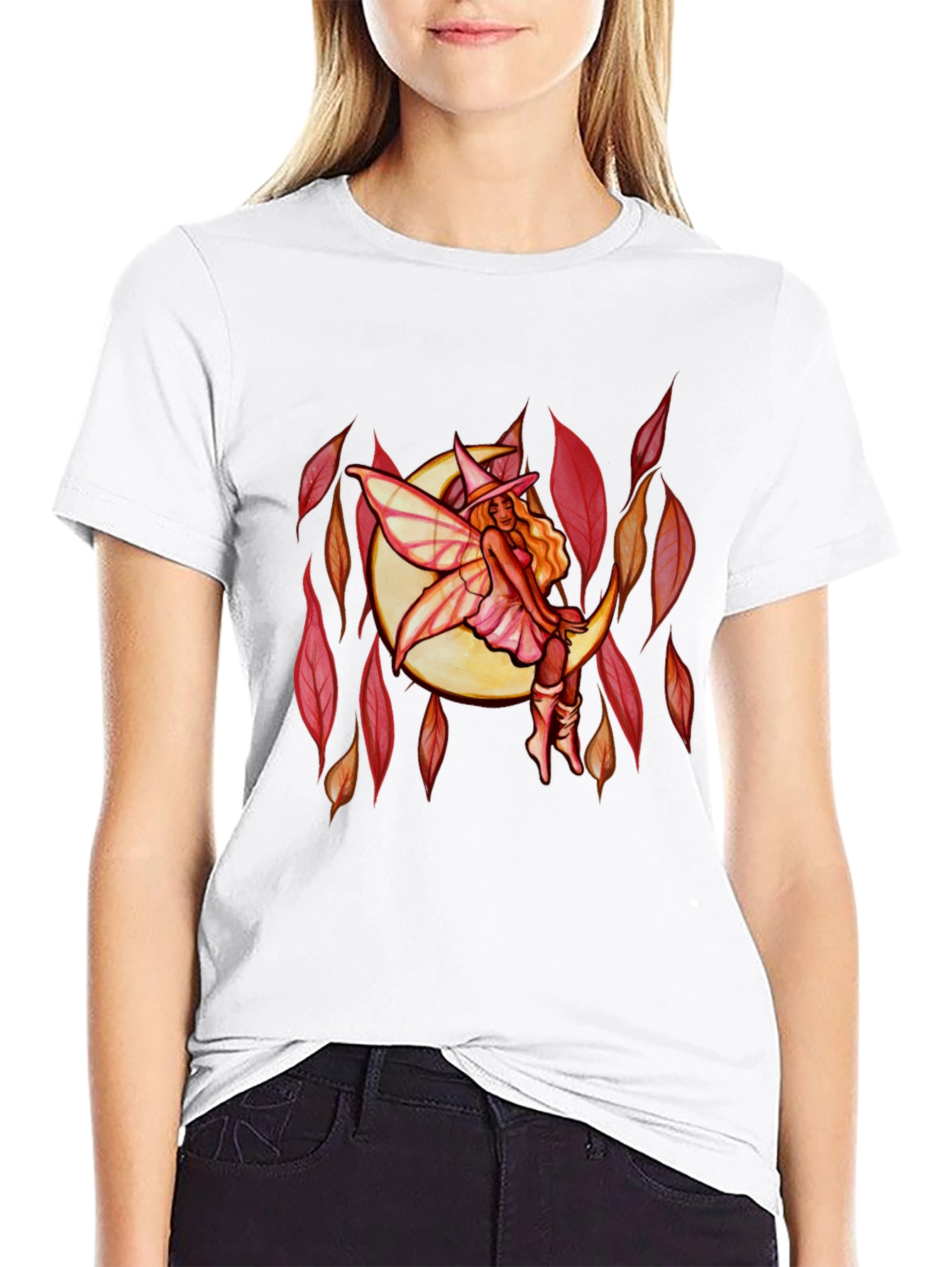 Fairy Moon Graphic Tee - Black Cotton Casual