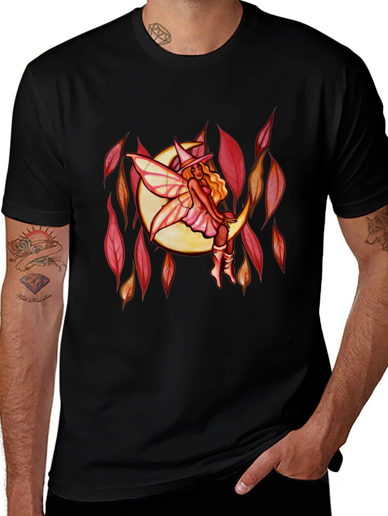 Fairy Moon Graphic Tee - Black Cotton Casual