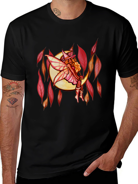 Fairy Moon Graphic Tee - Black Cotton Casual