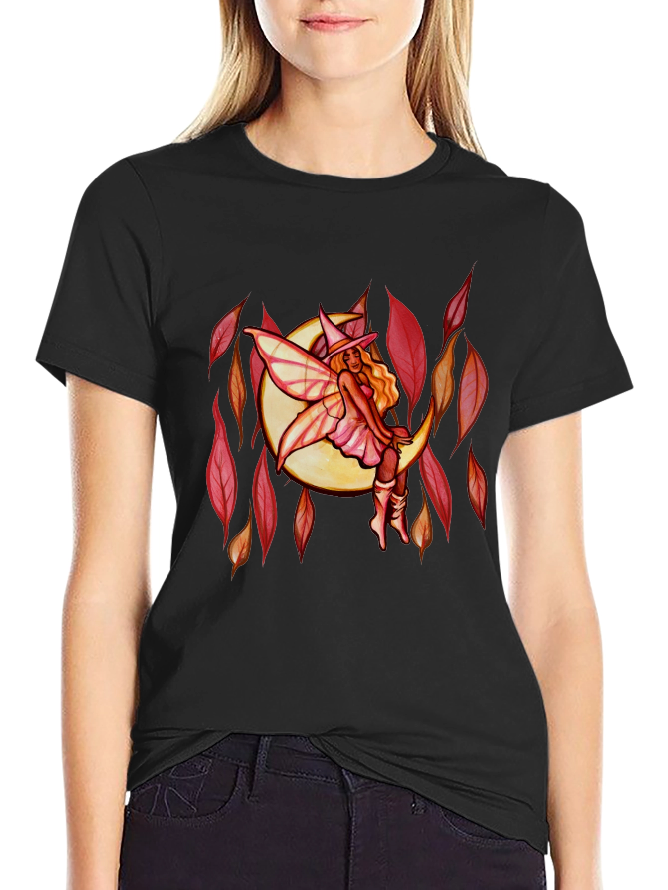 Fairy Moon Graphic Tee - Black Cotton Casual