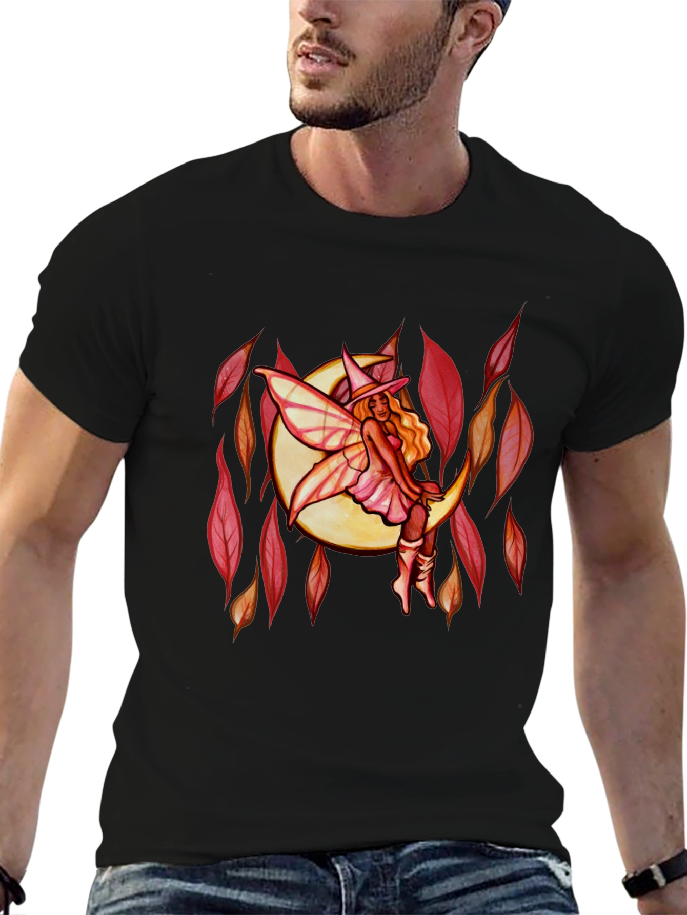 Fairy Moon Graphic Tee - Black Cotton Casual