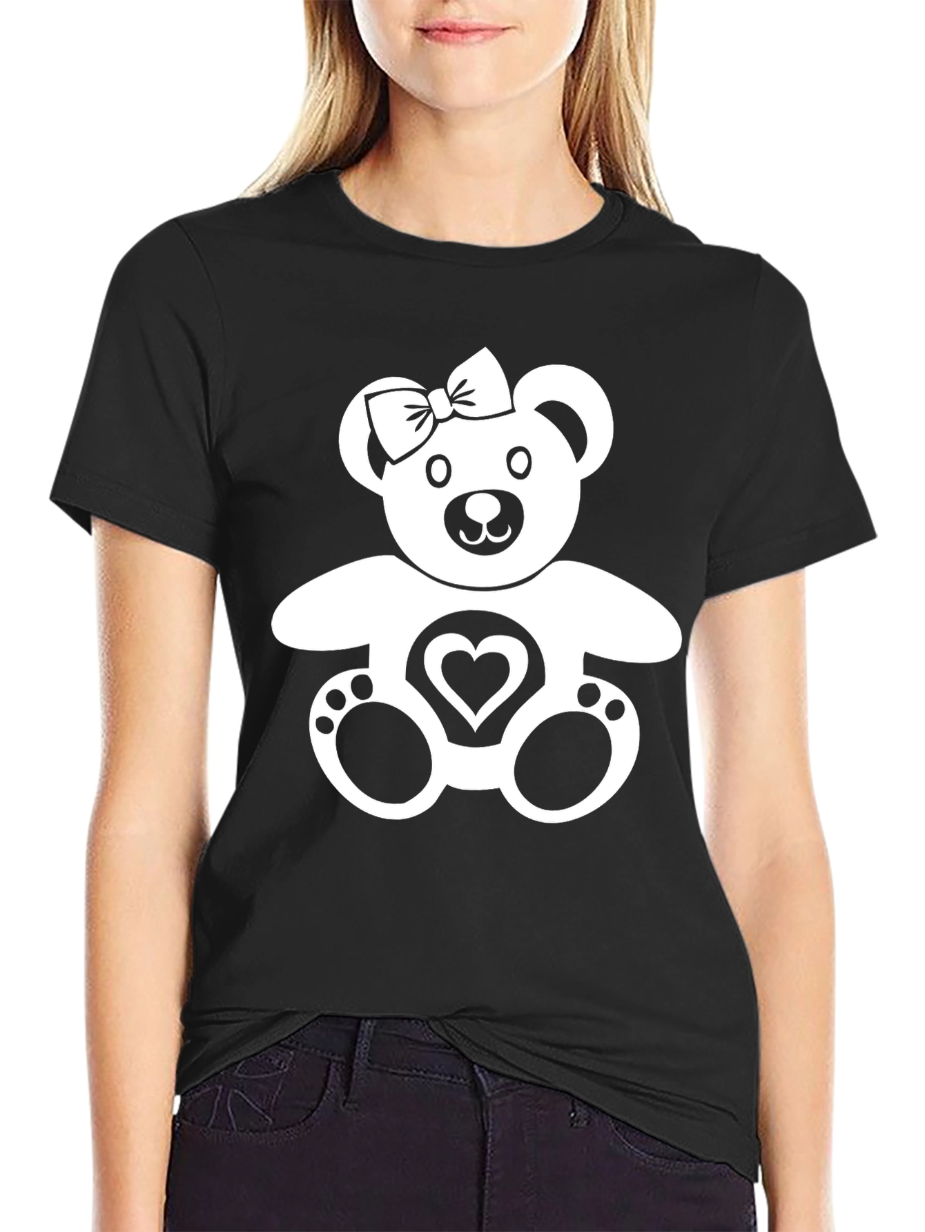 Cute Teddy Bear Heart Graphic Black T-Shirt