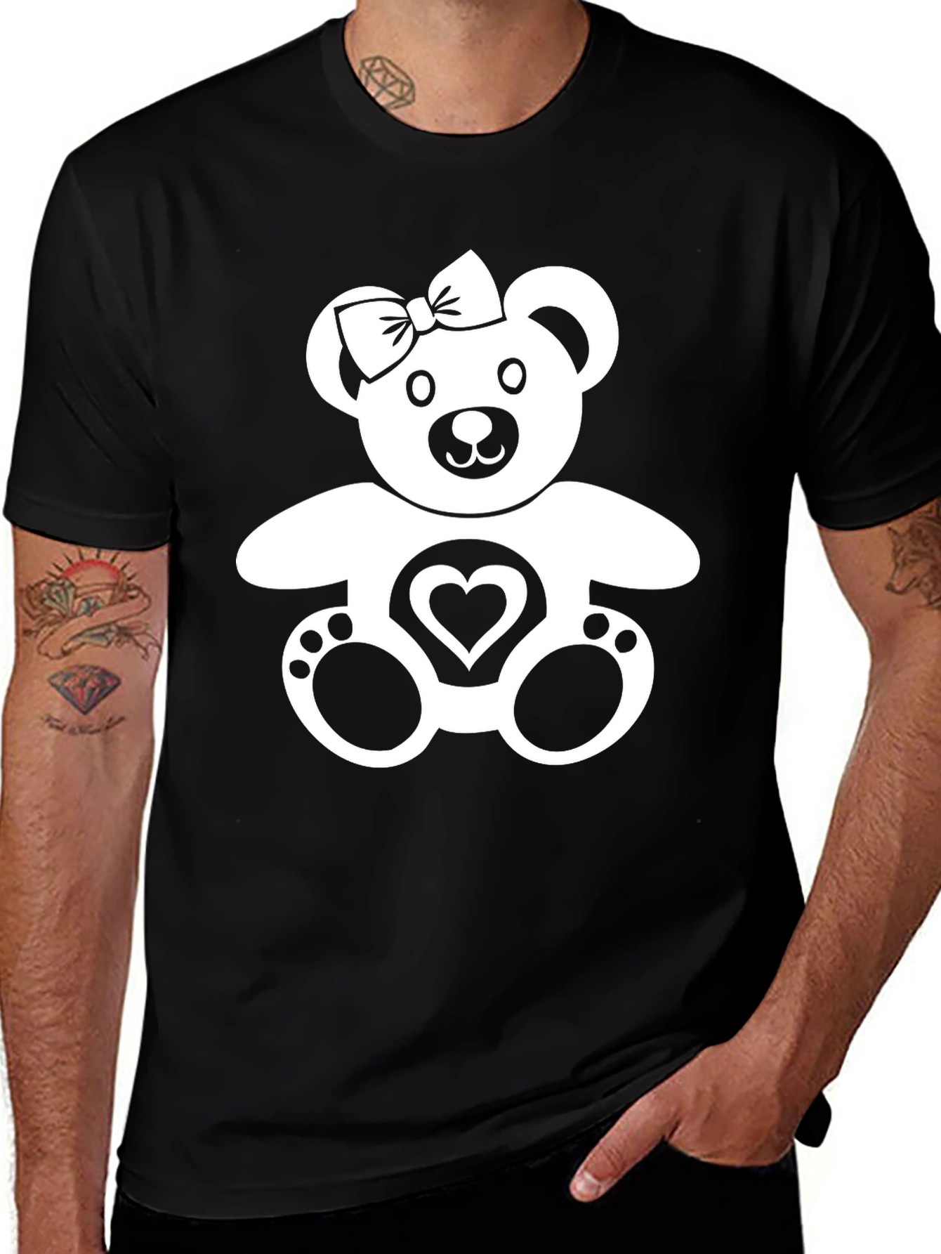 Cute Teddy Bear Heart Graphic Black T-Shirt