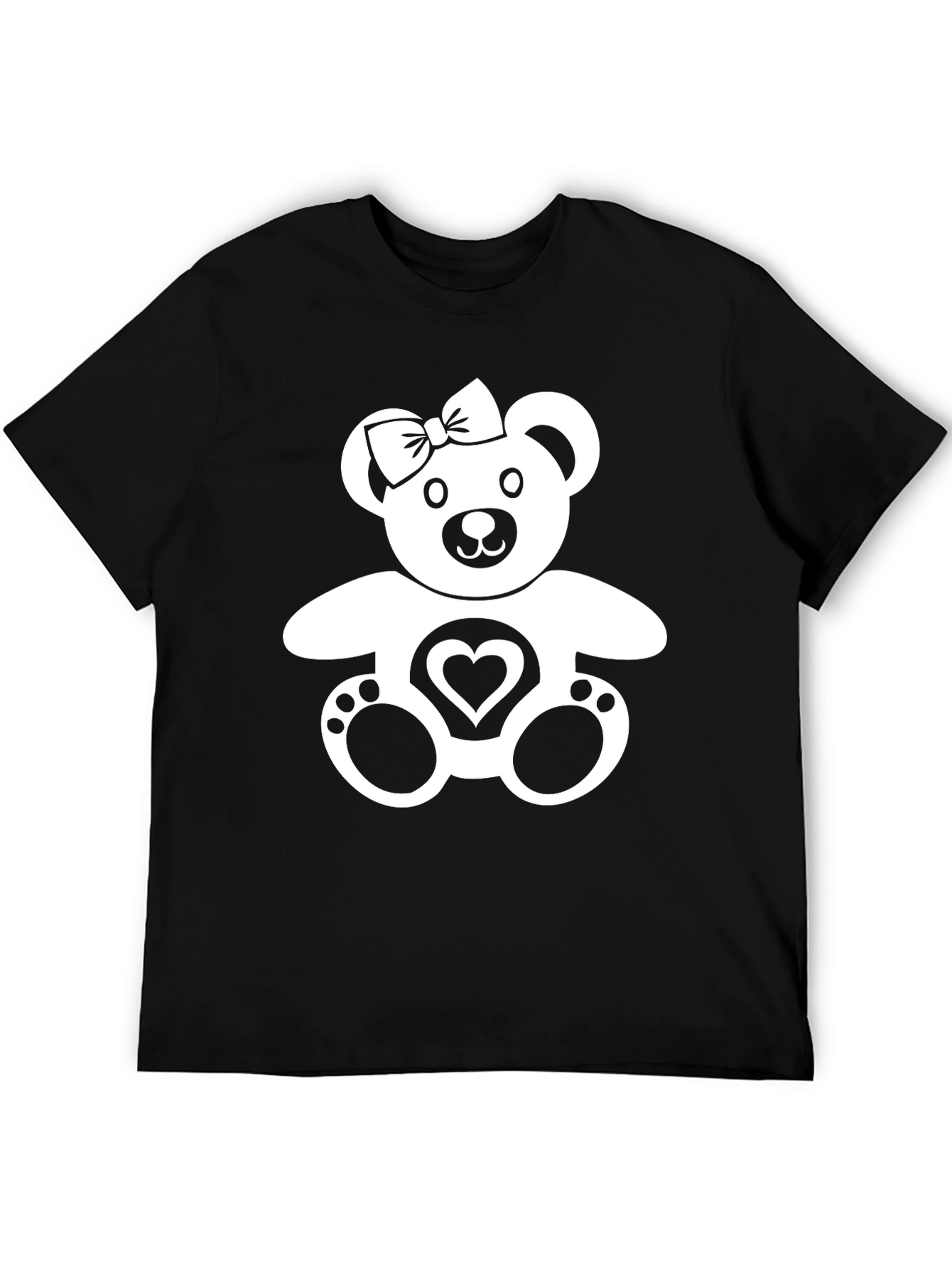Cute Teddy Bear Heart Graphic Black T-Shirt
