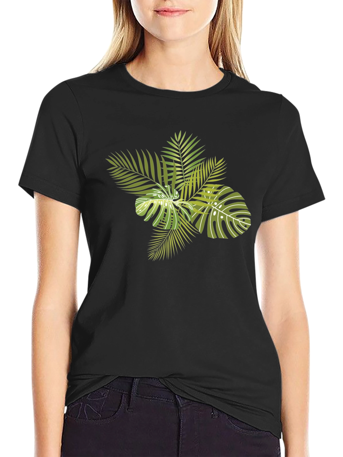 Tropical Leaves Graphic Black T-Shirt