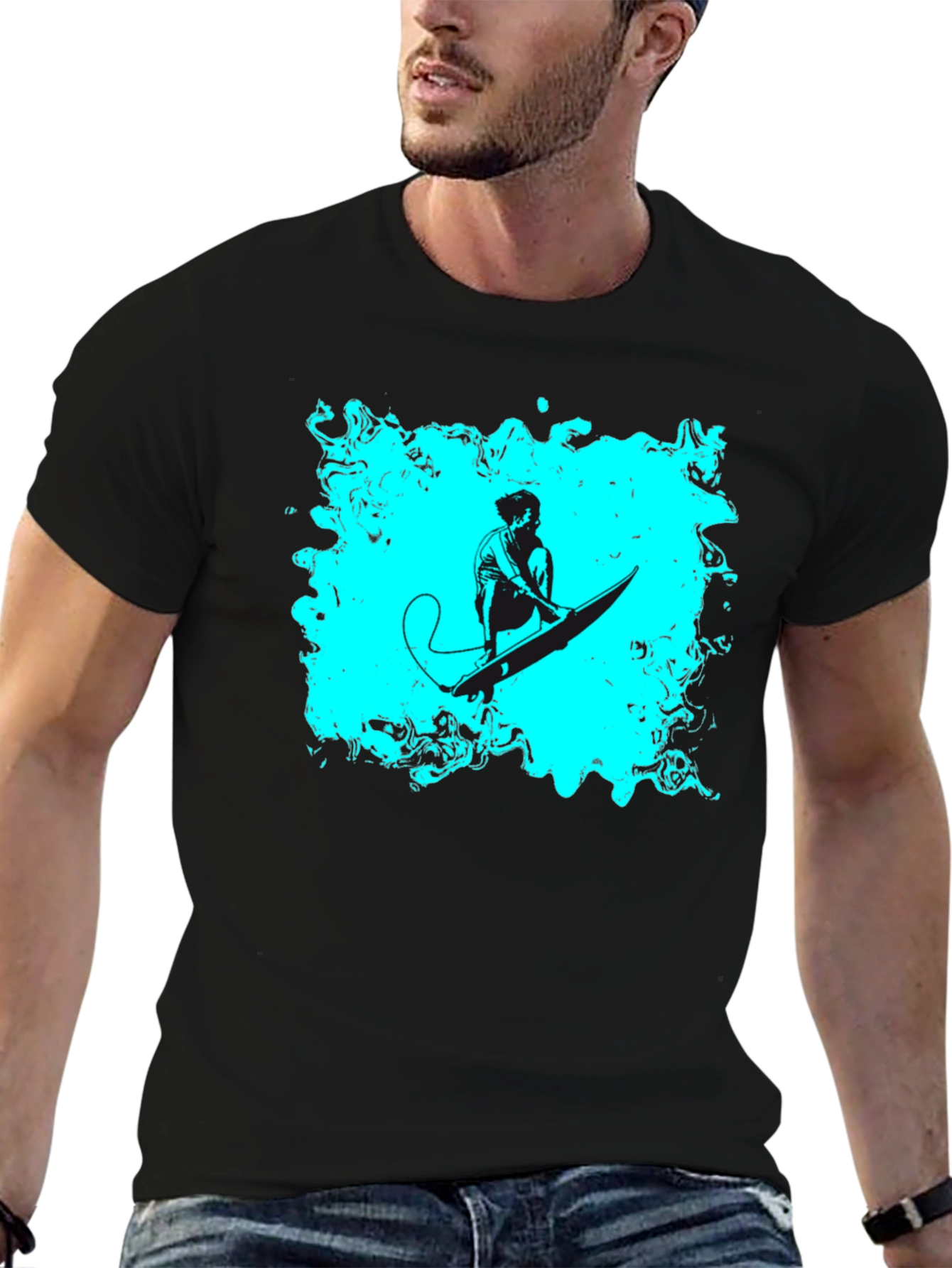 Surfer Graphic Tee - Black Cotton Casual T-Shirt