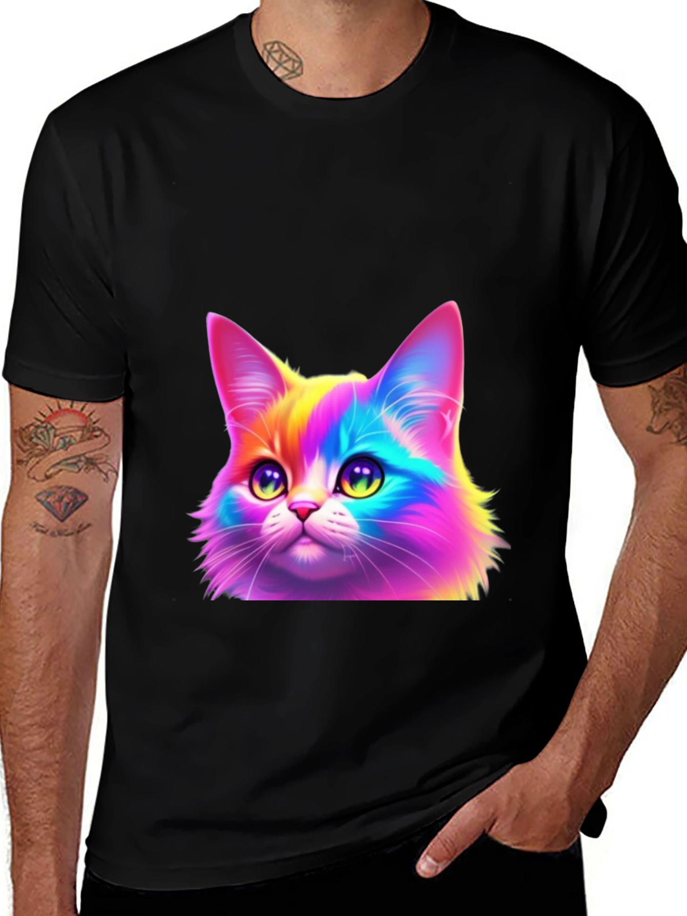 Rainbow Cat Graphic Tee - Black Cotton Blend