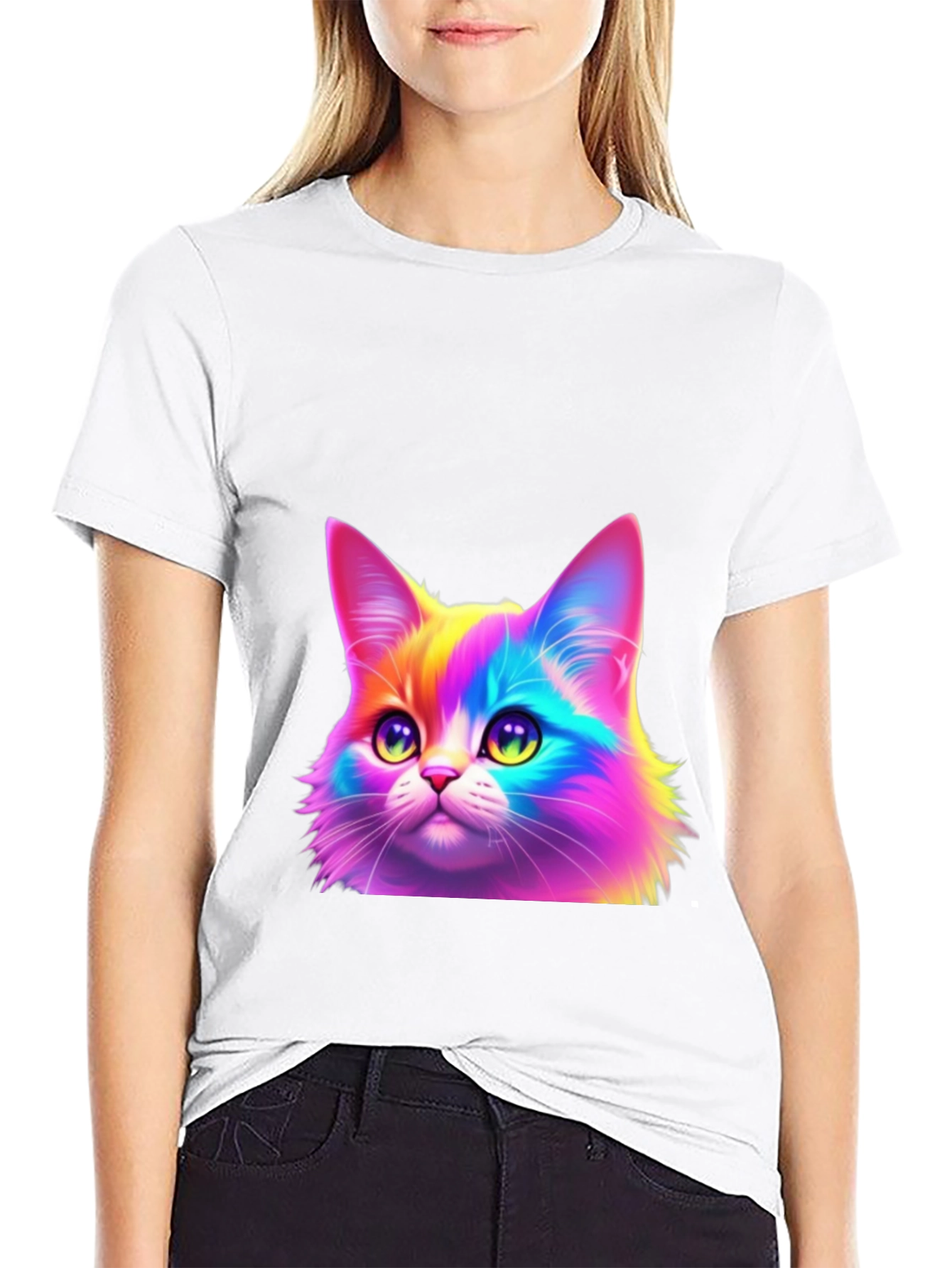 Rainbow Cat Graphic Tee - Black Cotton Blend