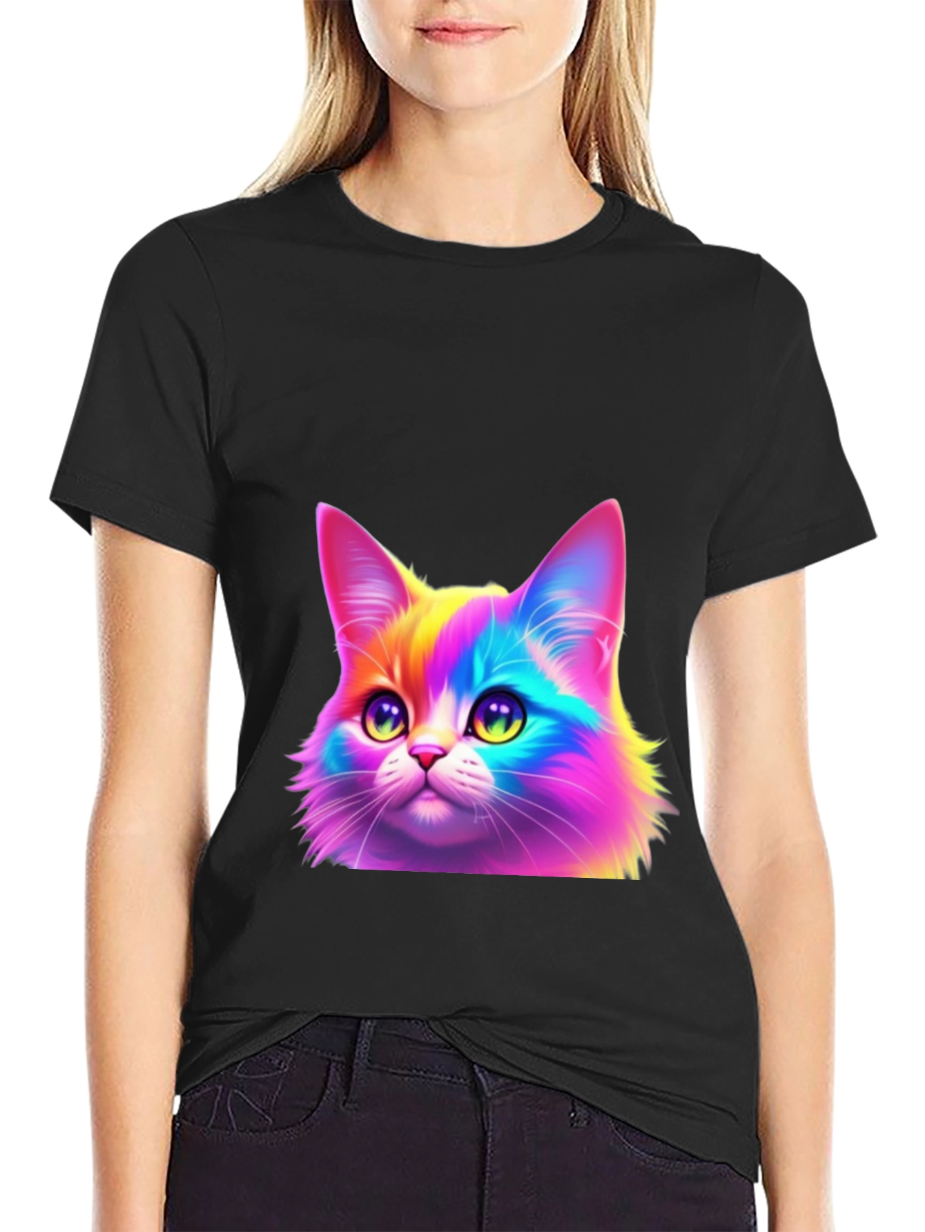 Rainbow Cat Graphic Tee - Black Cotton Blend