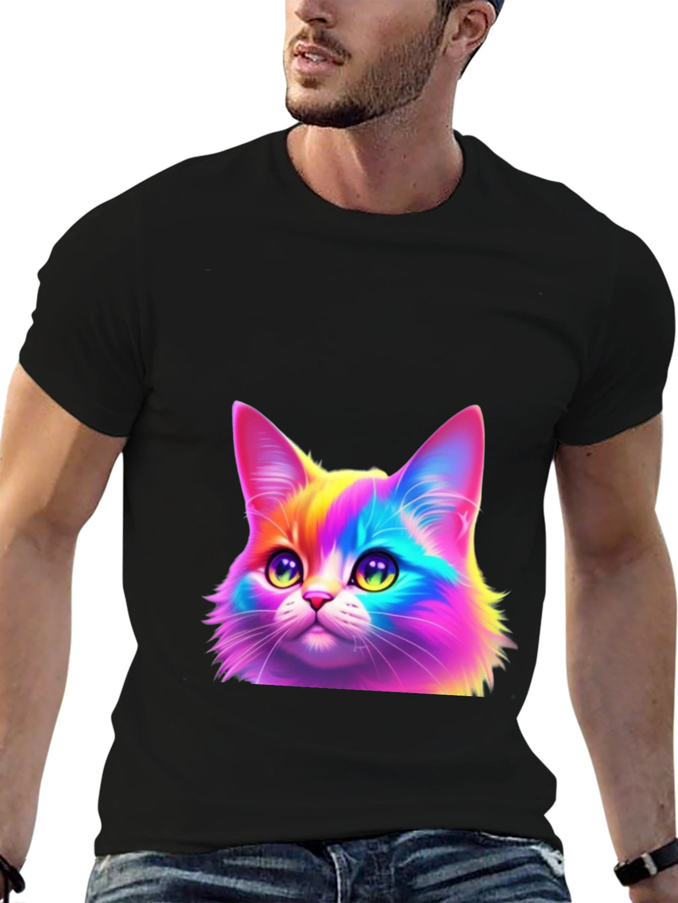 Rainbow Cat Graphic Tee - Black Cotton Blend
