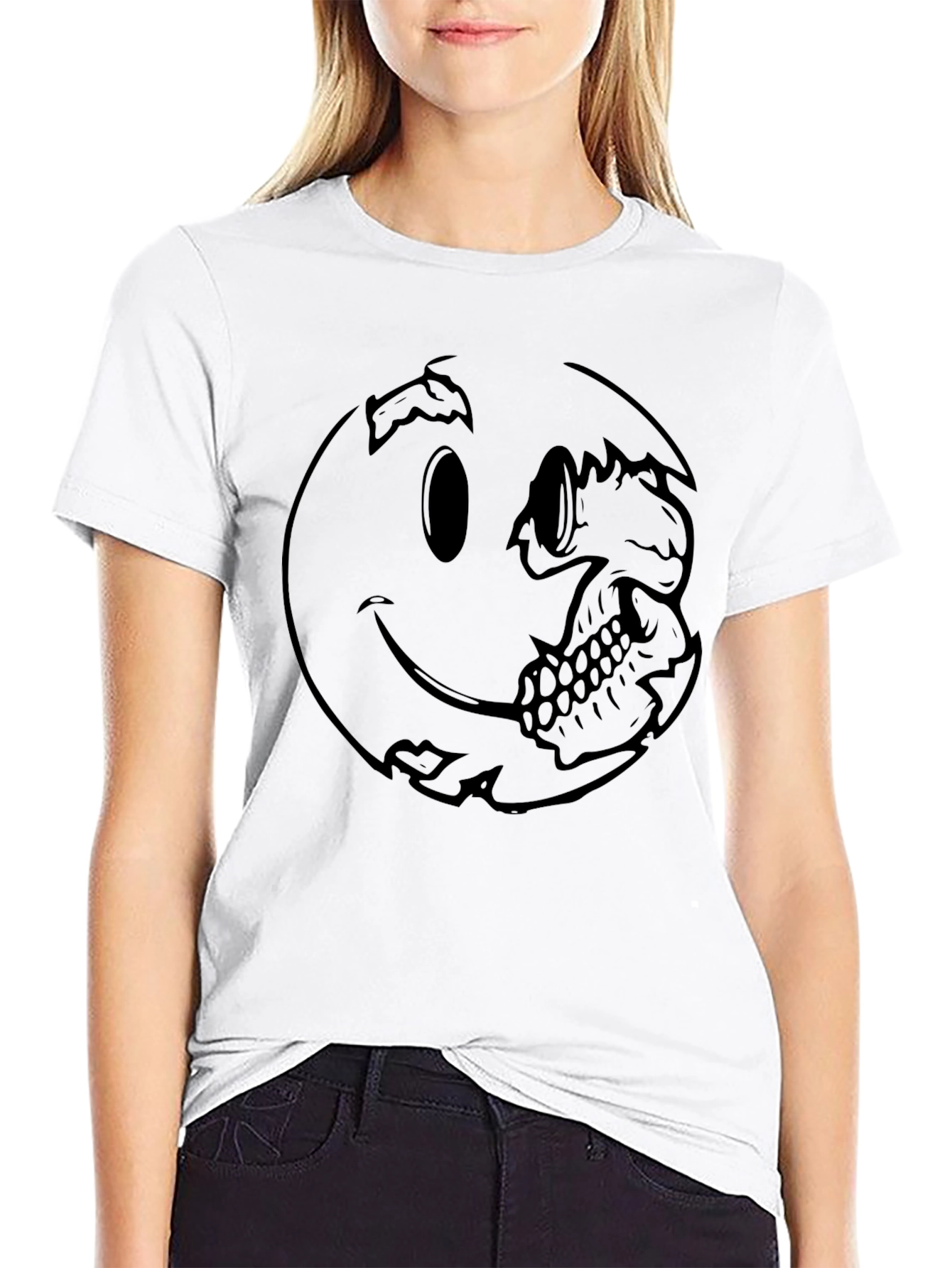 Smiley Face Skull Graphic Tee - Black
