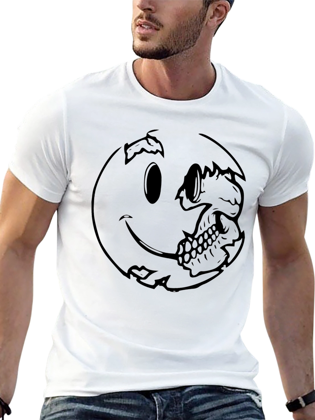 Smiley Face Skull Graphic Tee - Black