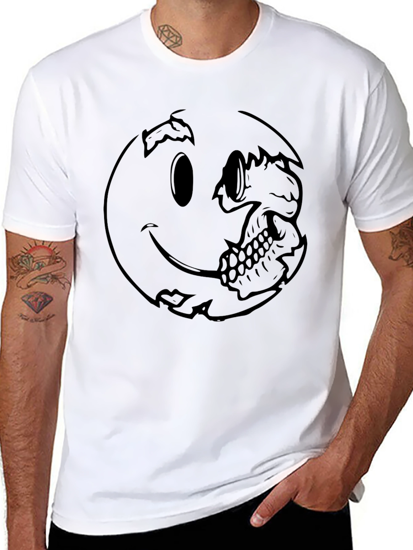 Smiley Face Skull Graphic Tee - Black