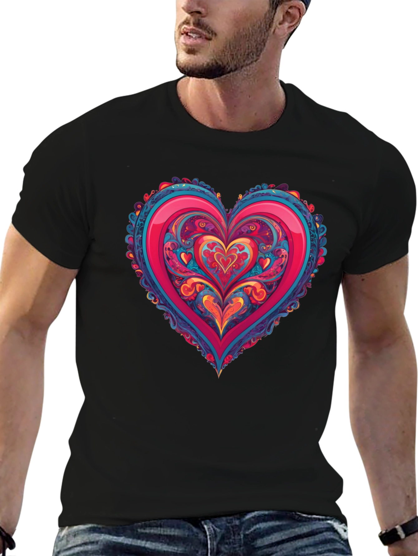 Vibrant Heart Graphic Tee - Black Cotton Blend