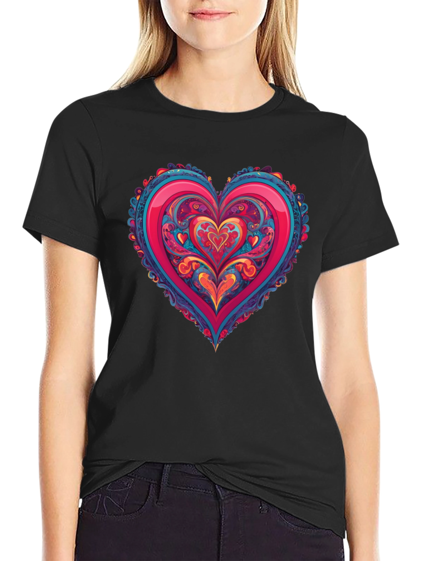 Vibrant Heart Graphic Tee - Black Cotton Blend