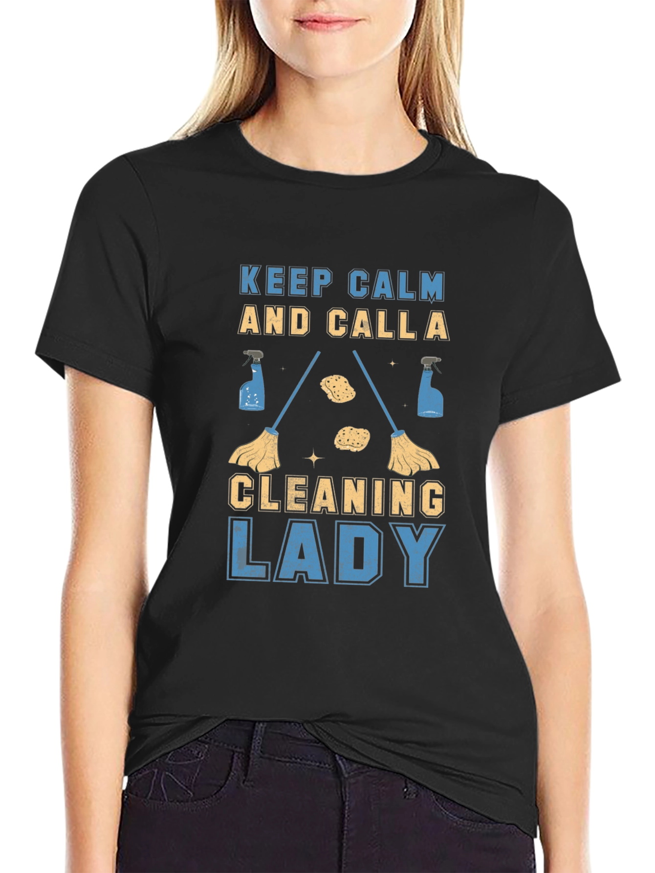 Keep Calm Cleaning Lady Black Cotton T-Shirt