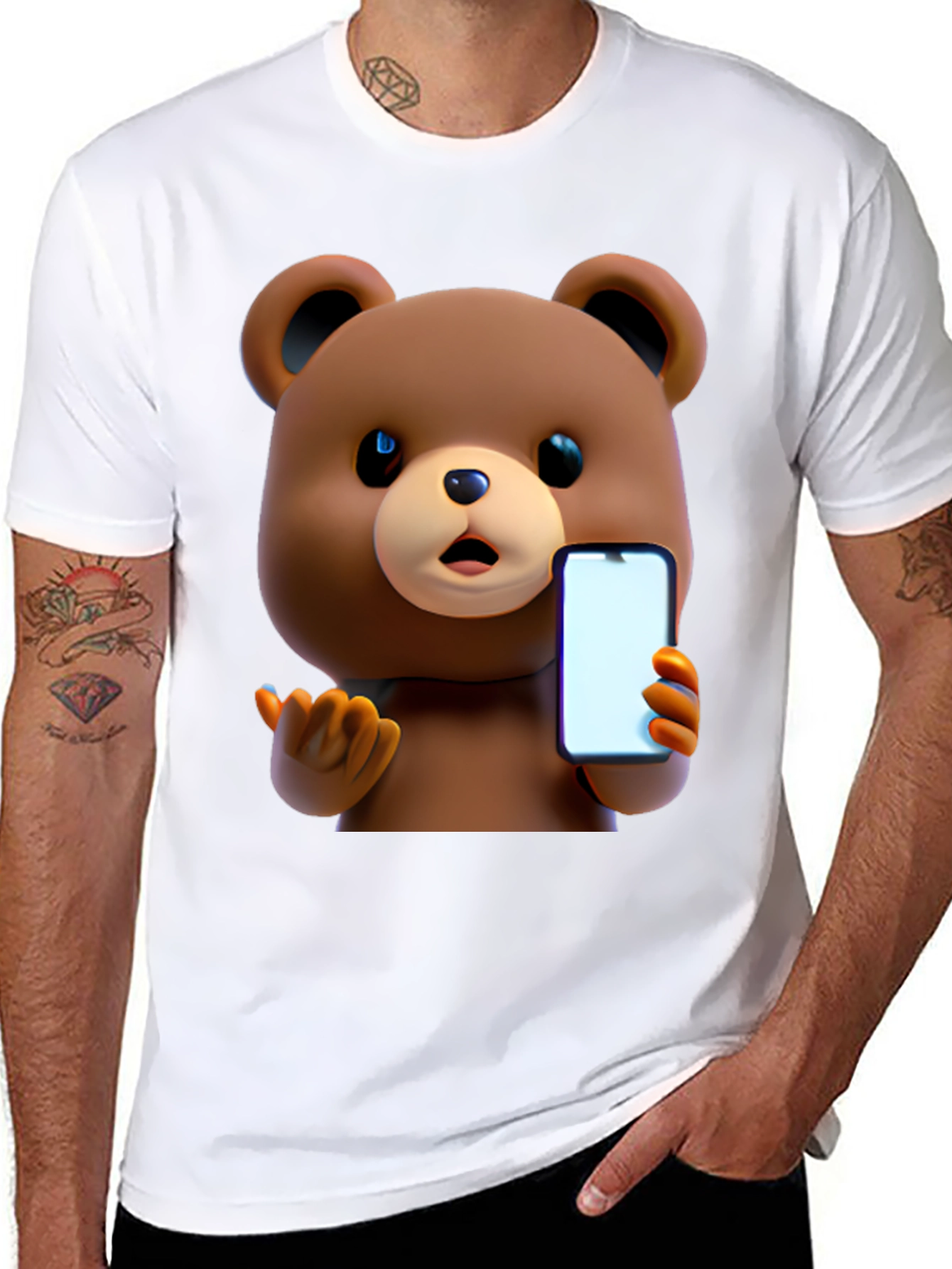 Cute Cartoon Bear Holding Phone T-Shirt